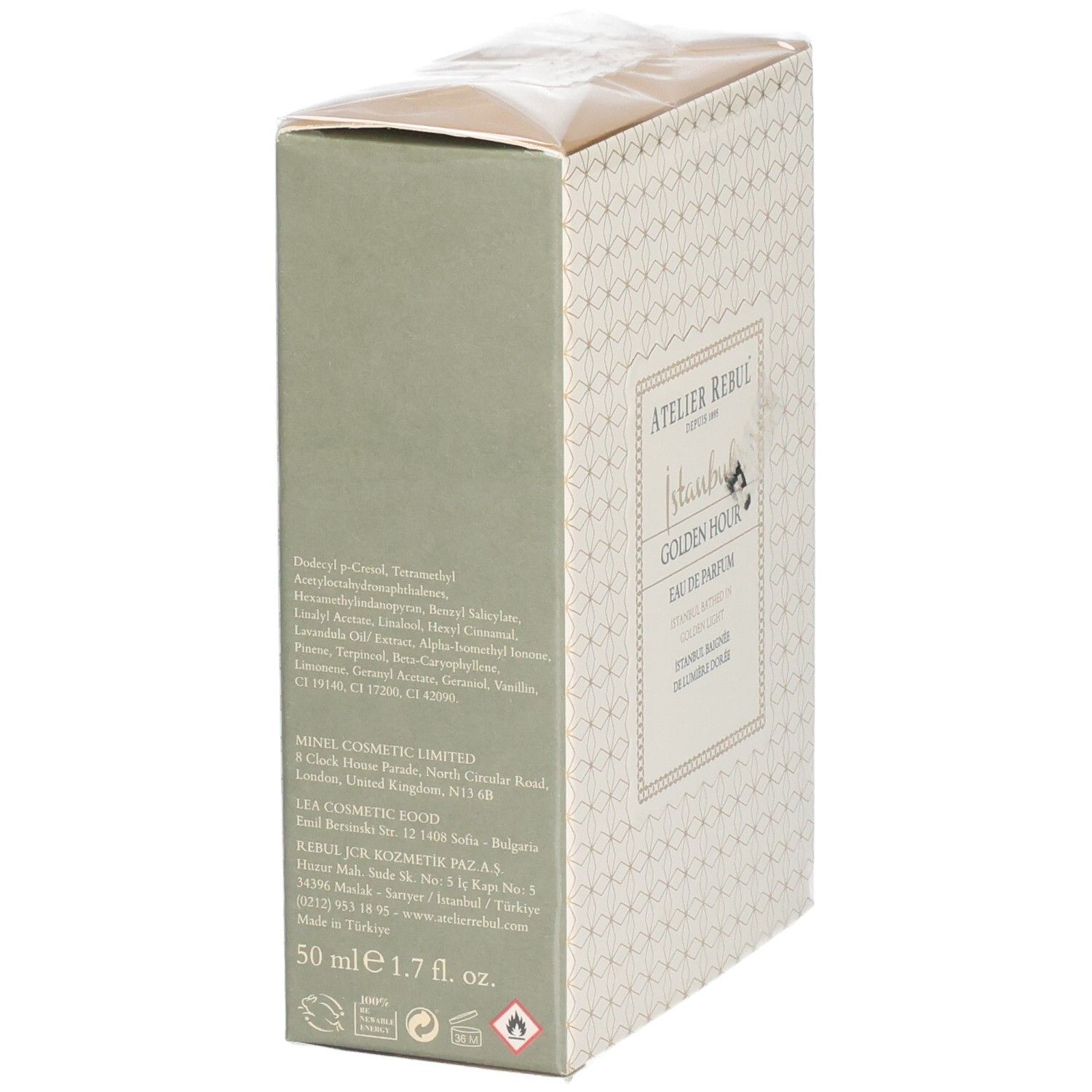 Côté de l'emballage Atelier Rebul Golden Hour Eau de Parfum avec ingrédients et taille.