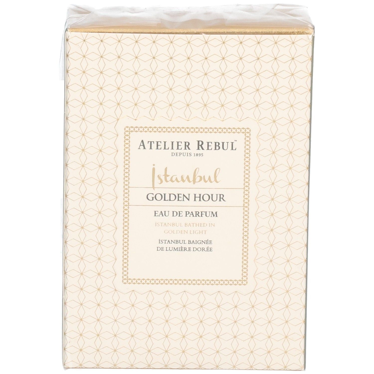 Emballage Atelier Rebul Golden Hour Eau de Parfum, légèrement en biais de face.
