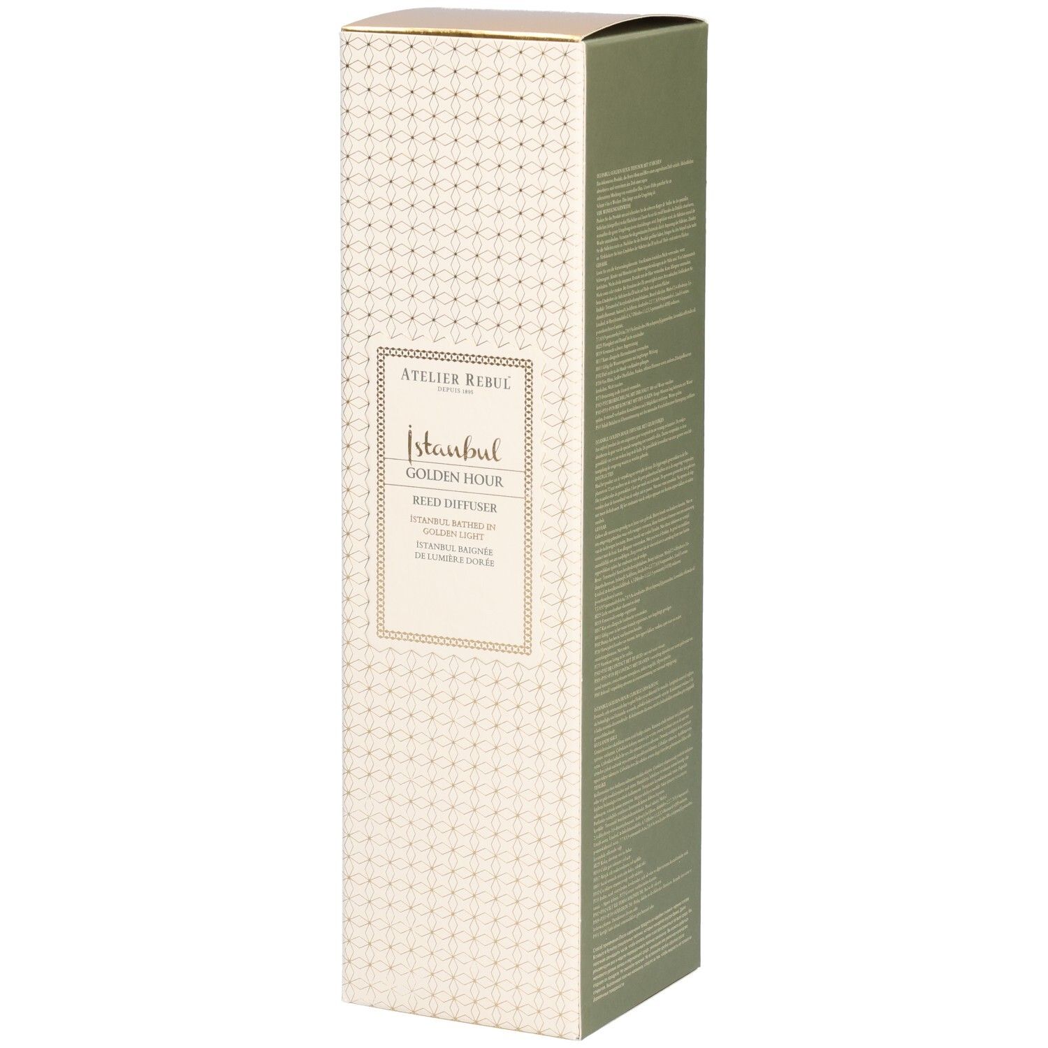Emballage rectangulaire. Inscription: Atelier Rebul Istanbul Golden Hour Reed Diffuser. Design beige et doré.