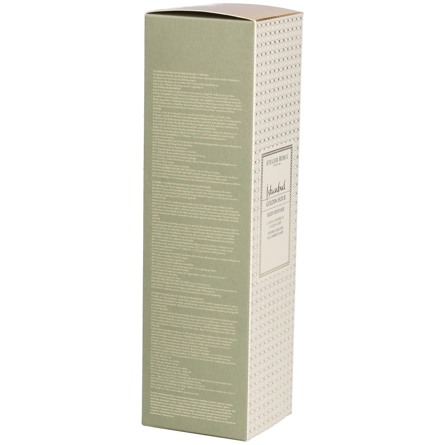 Emballage. Inscription: Atelier Rebul Istanbul Golden Hour Reed Diffuser. Design beige et doré. Texte multilingue.