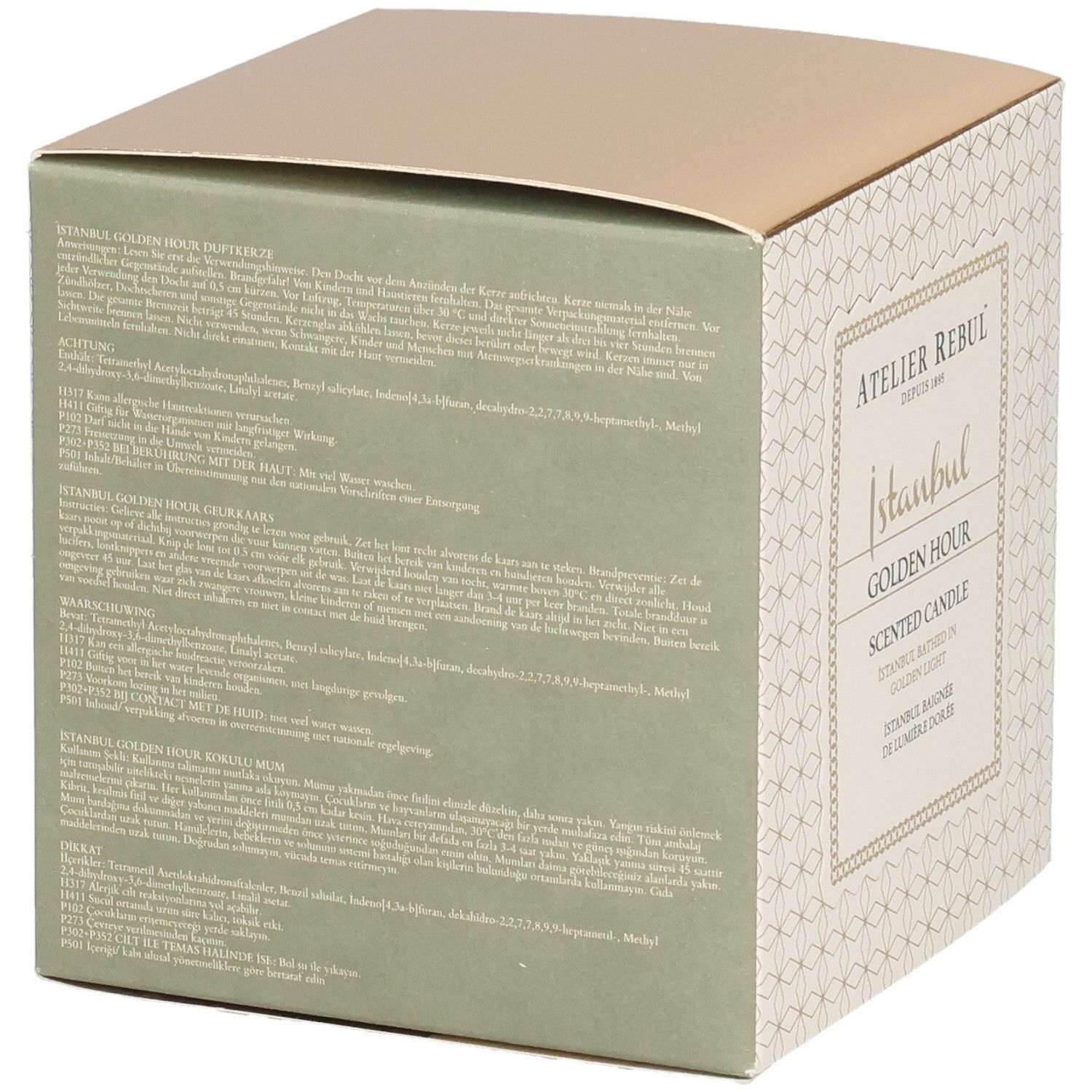 Dos de la boîte. Texte multilingue. Inscription: Atelier Rebul, Istanbul Golden Hour Scented Candle. Côté verdâtre.