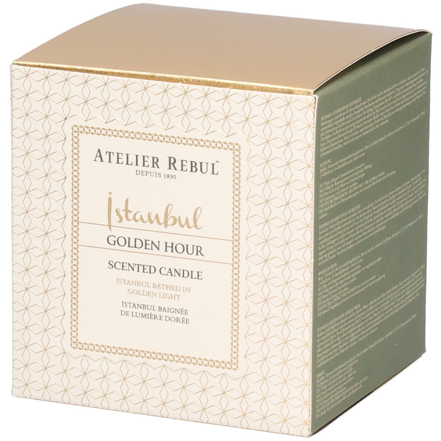 Boîte carrée. Inscription: Atelier Rebul, Istanbul Golden Hour Scented Candle. Couvercle doré, côtés crème avec motif.