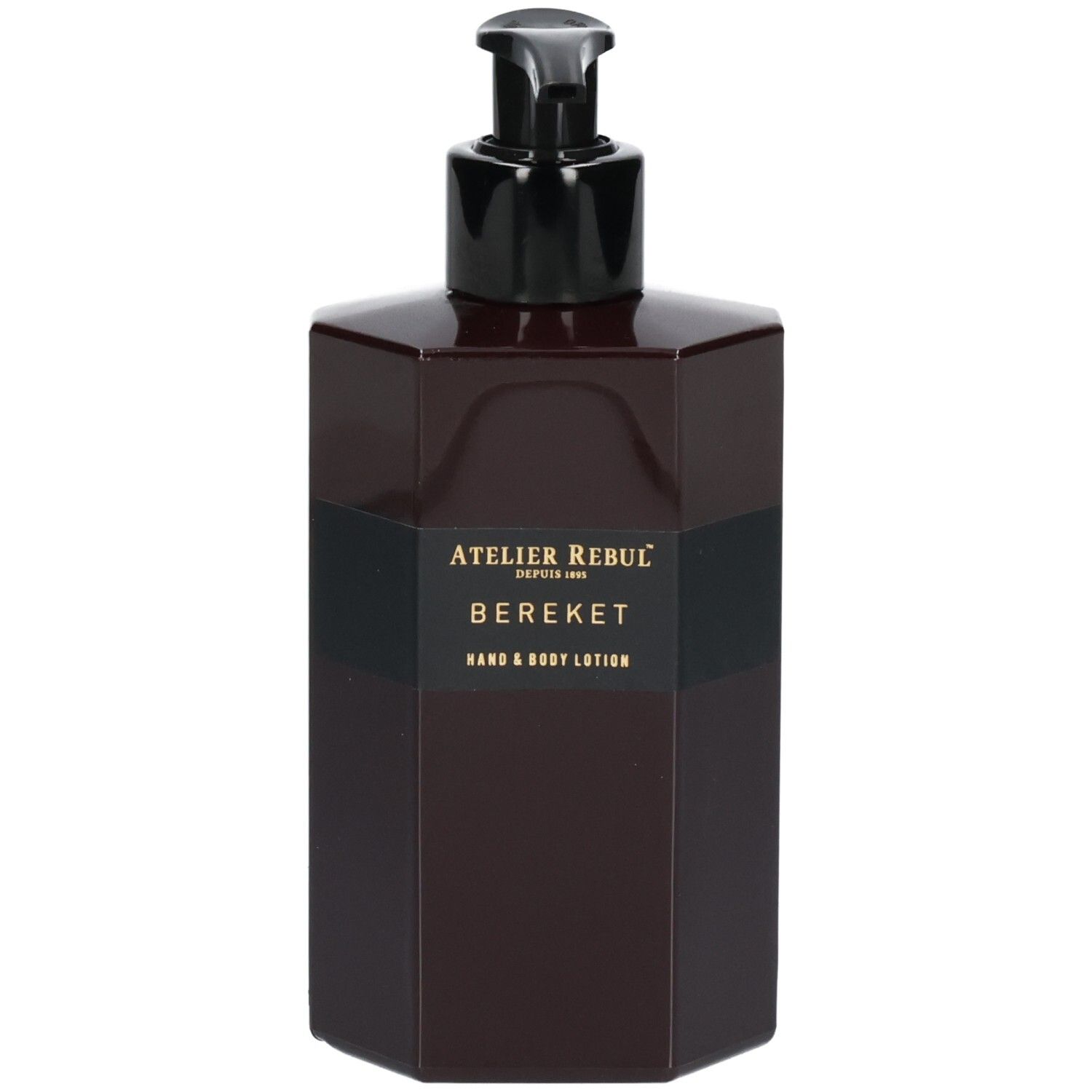 Flacon brun foncé avec pompe pour lotion pour les mains et le corps, étiquette "Atelier Rebul" et "Bereket".