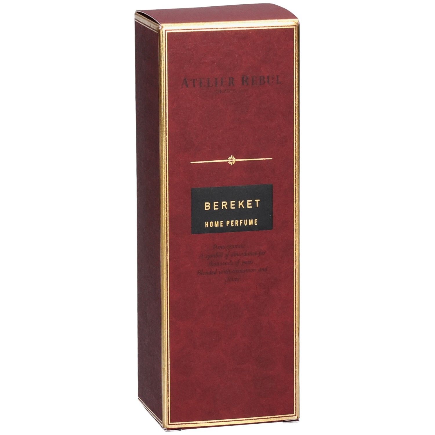 Boîte rouge avec bordure dorée, inscription "Atelier Rebul Bereket Home Perfume".