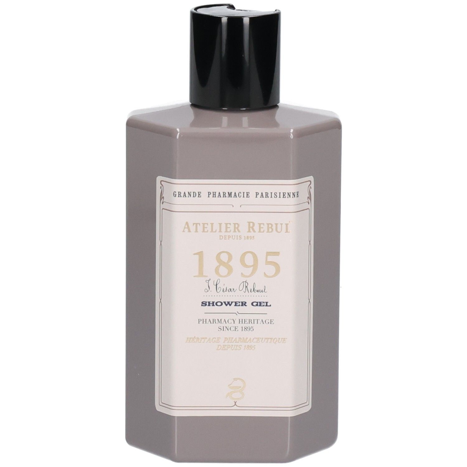 Bouteille grise Atelier Rebul 1895 Gel Douche avec bouchon à rabat noir et étiquette.