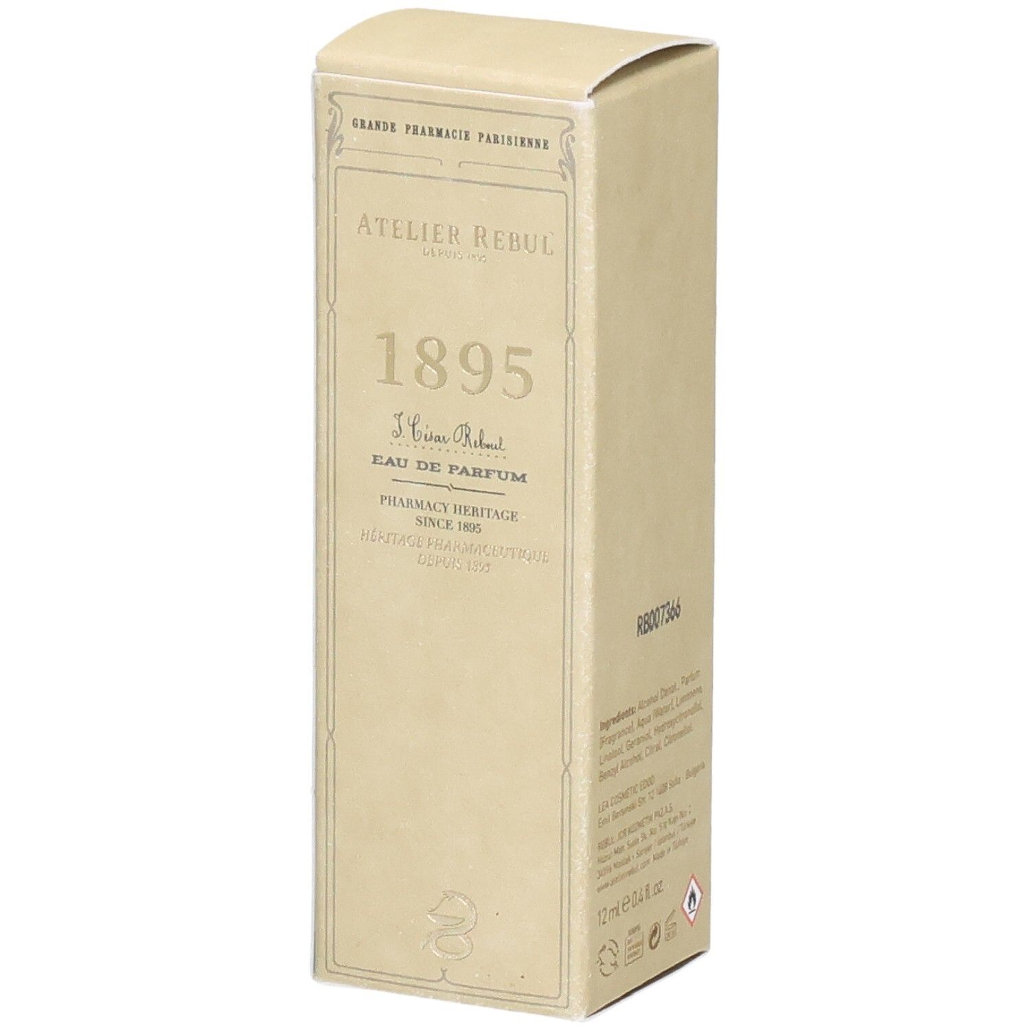 Emballage carton Atelier Rebul 1895 Eau de Parfum avec informations produit.