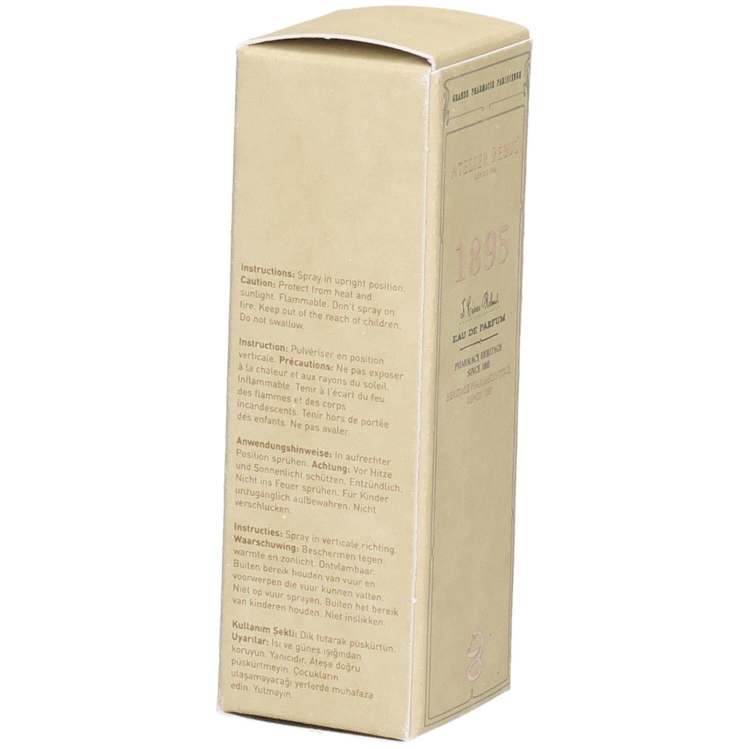 Arrière de l'emballage Atelier Rebul 1895 Eau de Parfum avec instructions d'utilisation multilingues.