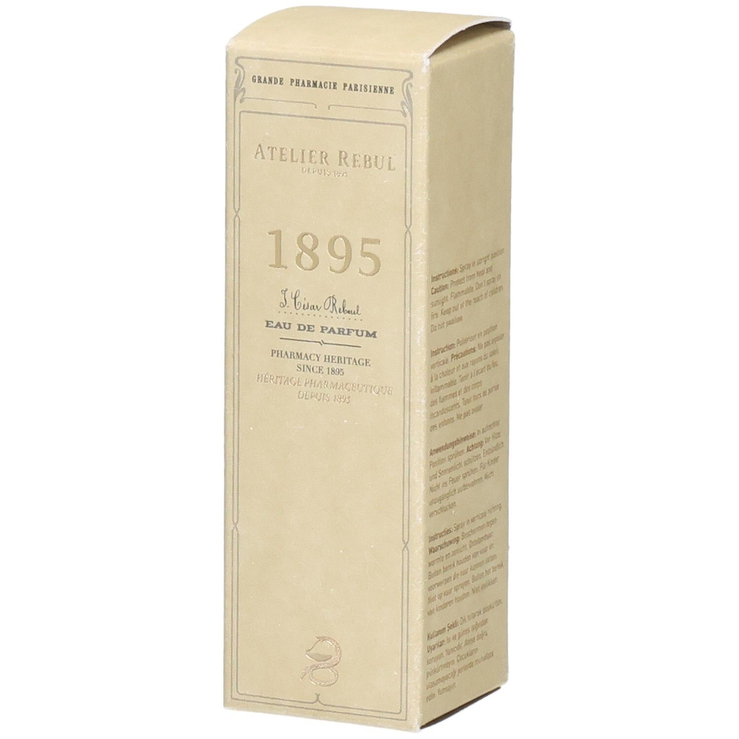 Avant de l'emballage Atelier Rebul 1895 Eau de Parfum avec nom de marque et nom du parfum.