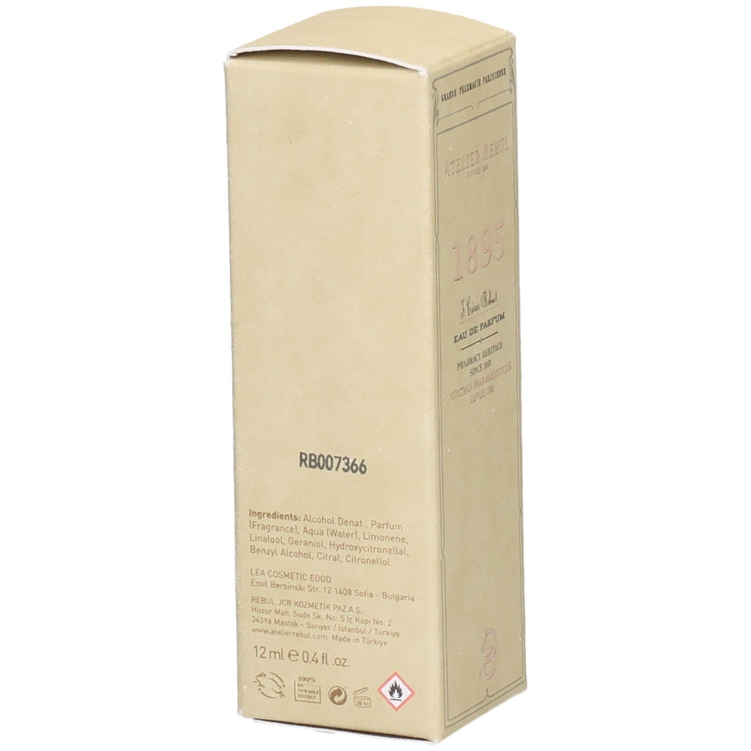 Vue latérale de l'emballage Atelier Rebul 1895 Eau de Parfum avec liste des ingrédients et numéro de lot.