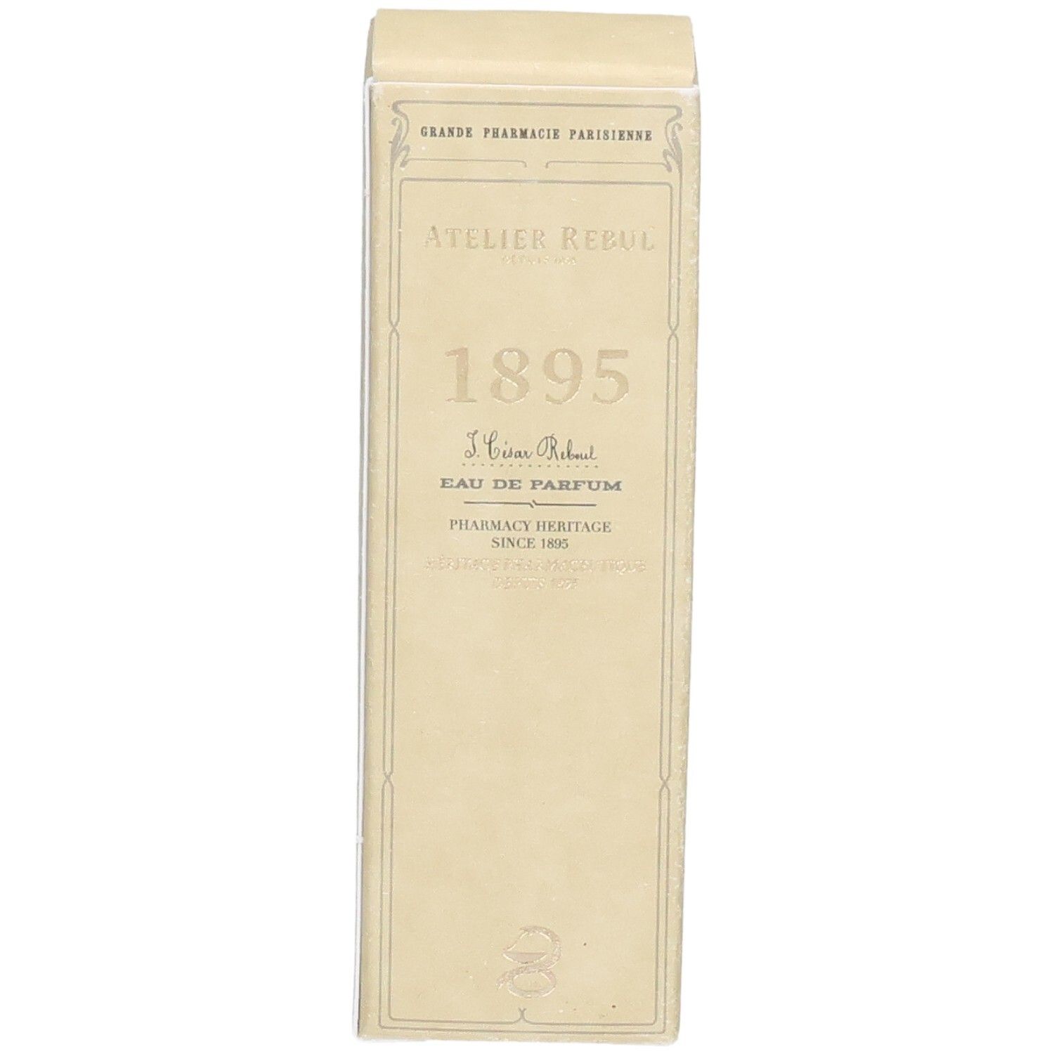 Vue détaillée de l'emballage Atelier Rebul 1895 Eau de Parfum avec logo et nom du produit.
