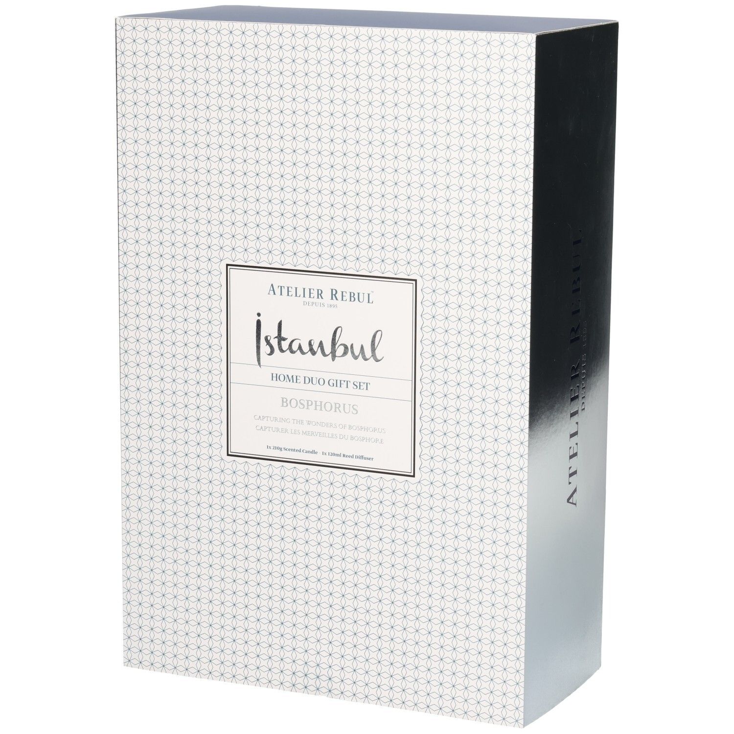 Boîte cadeau avec motif géométrique et accents argentés. Contient le coffret duo pour la maison Istanbul Bosphorus d'Atelier Rebul.
