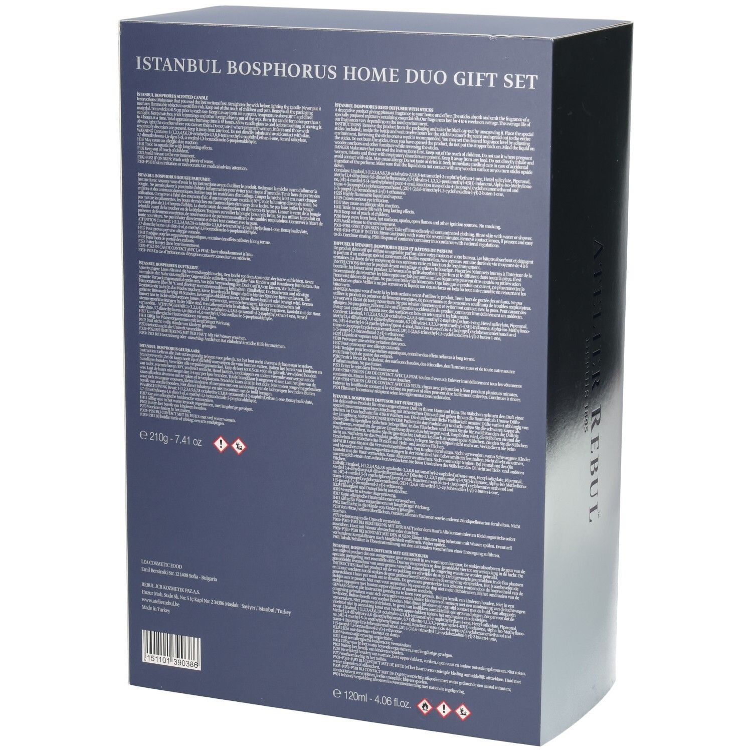 Arrière d'une boîte cadeau avec informations détaillées sur le produit et avertissements en plusieurs langues.