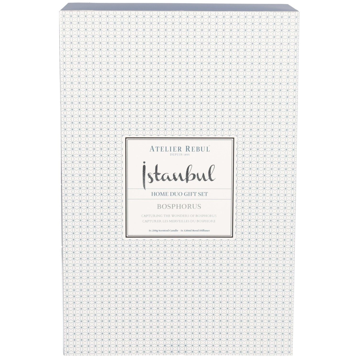 Avant d'une boîte cadeau avec motif géométrique et étiquette pour le coffret duo pour la maison Istanbul Bosphorus d'Atelier Rebul.