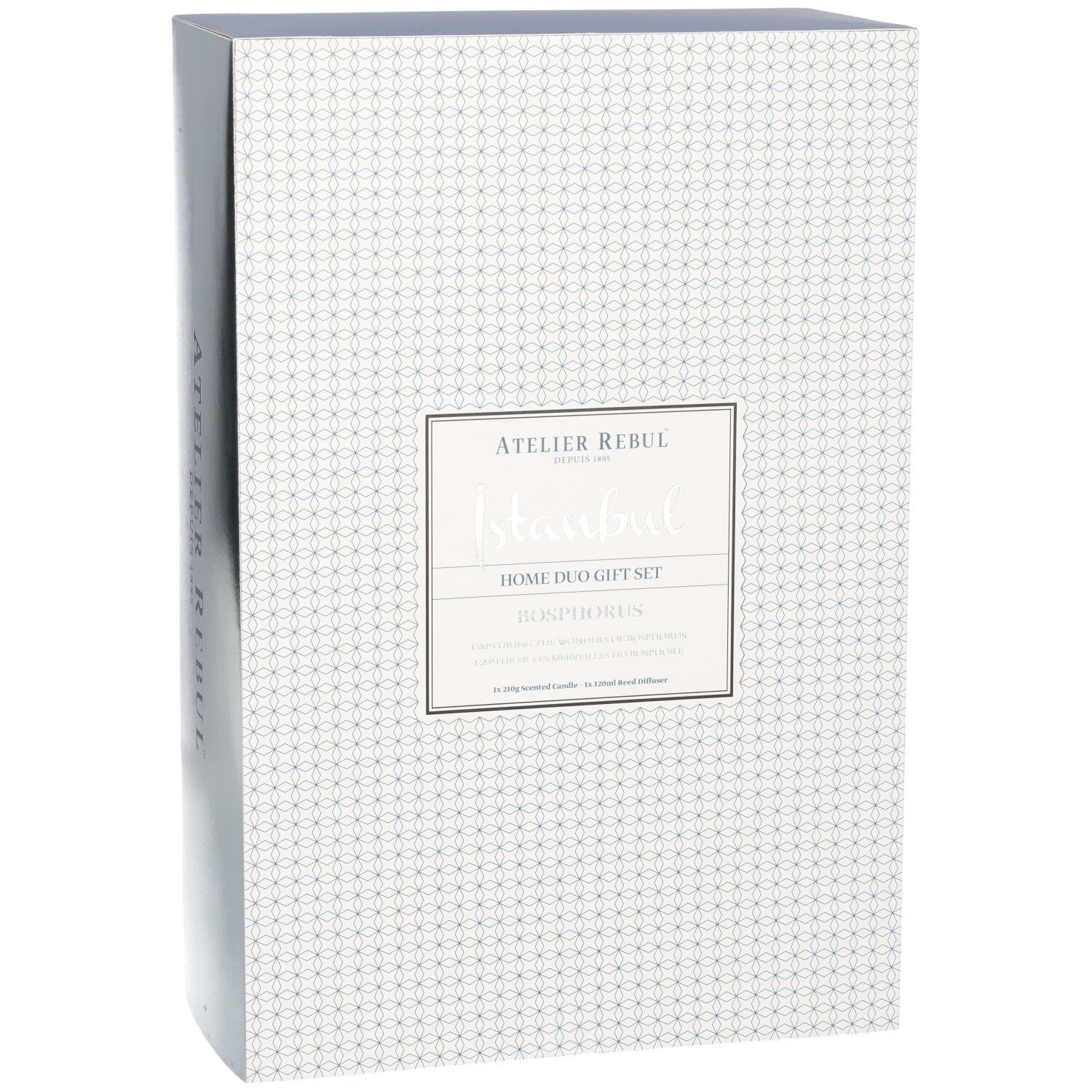 Avant d'une boîte cadeau avec motif géométrique et étiquette pour le coffret duo pour la maison Istanbul Bosphorus d'Atelier Rebul.