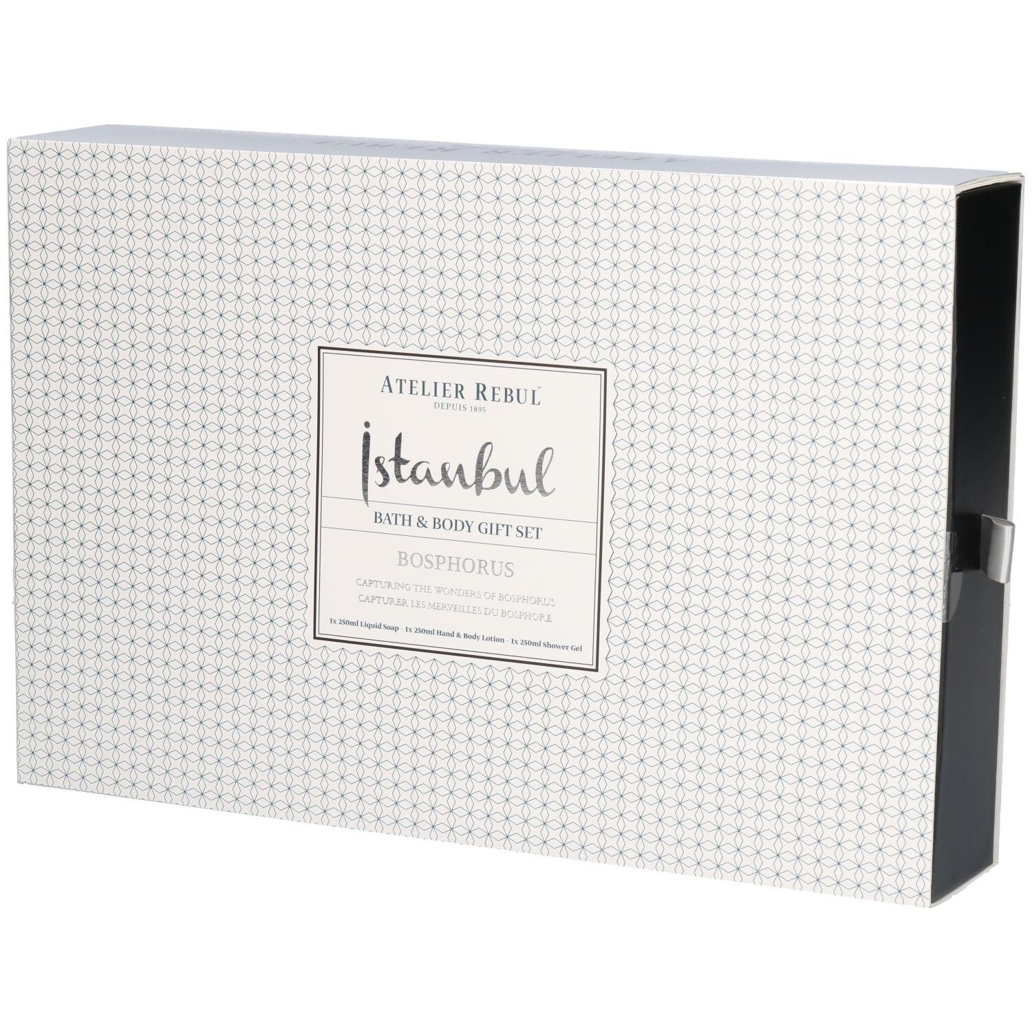 Atelier Rebul Istanbul Bosphorus Coffret Cadeau: Bain et Corps. Boîte blanche à motif géométrique.