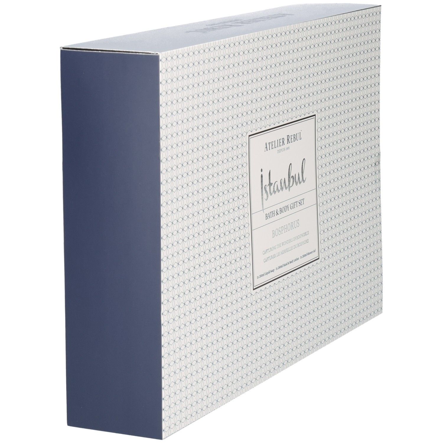 Atelier Rebul Istanbul Bosphorus Coffret Cadeau: Bain et Corps. Vue latérale de la boîte blanche avec bordure bleue.