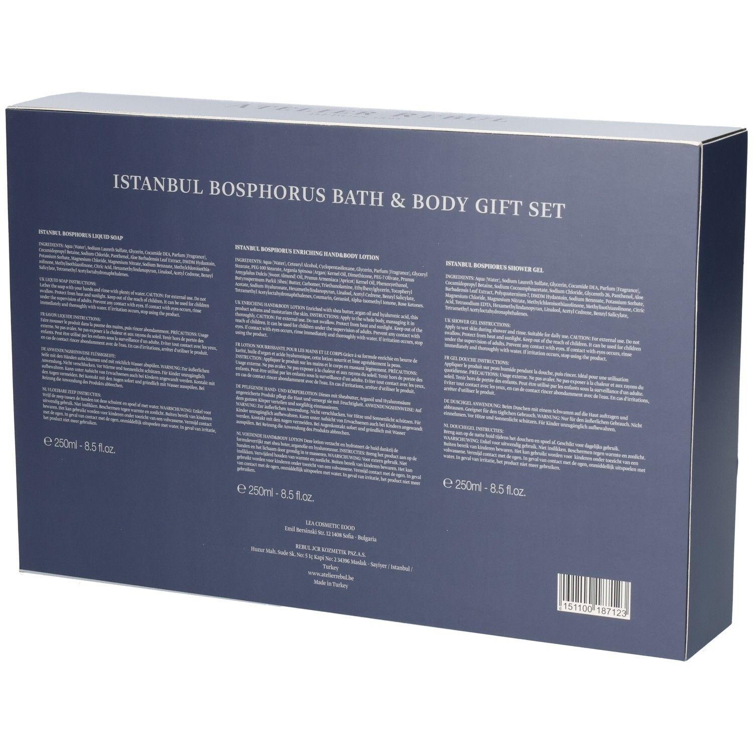 Arrière du coffret cadeau Atelier Rebul Istanbul Bosphorus. Contient des informations produit et mention de 250ml.