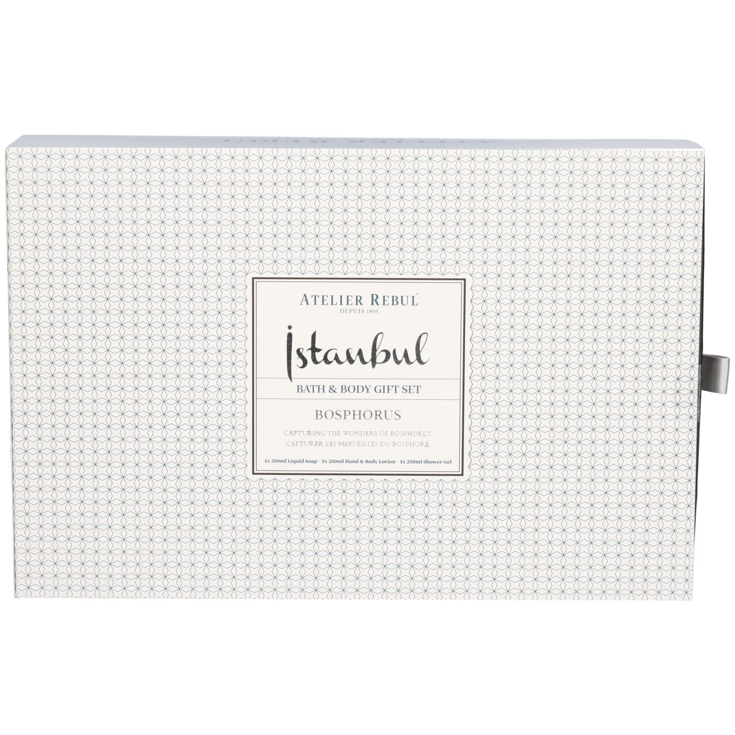 Atelier Rebul Istanbul Bosphorus Coffret Cadeau: Bain et Corps. Boîte blanche à motif géométrique, de face.