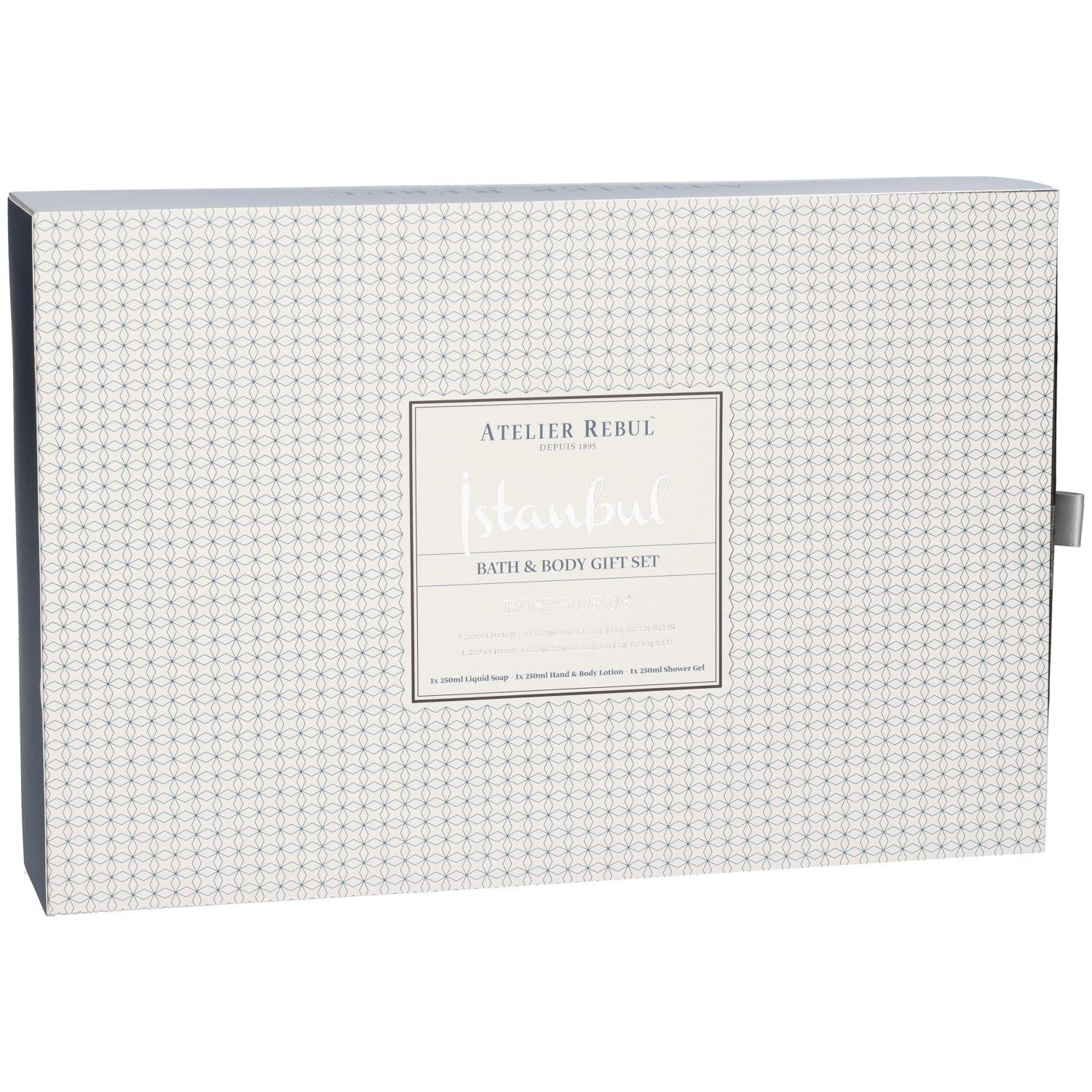 Atelier Rebul Istanbul Bosphorus Coffret Cadeau: Bain et Corps. Boîte blanche à motif géométrique, légèrement inclinée.