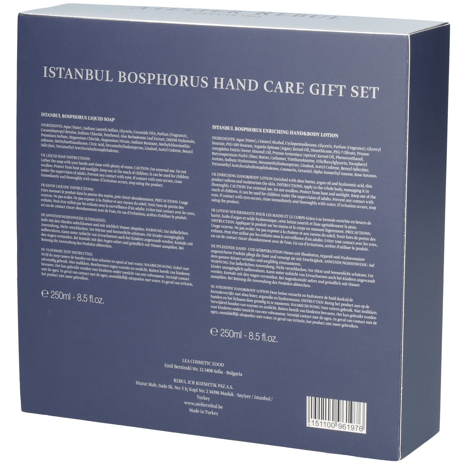 Arrière d'un emballage de coffret cadeau pour les mains avec informations produit et code-barres.
