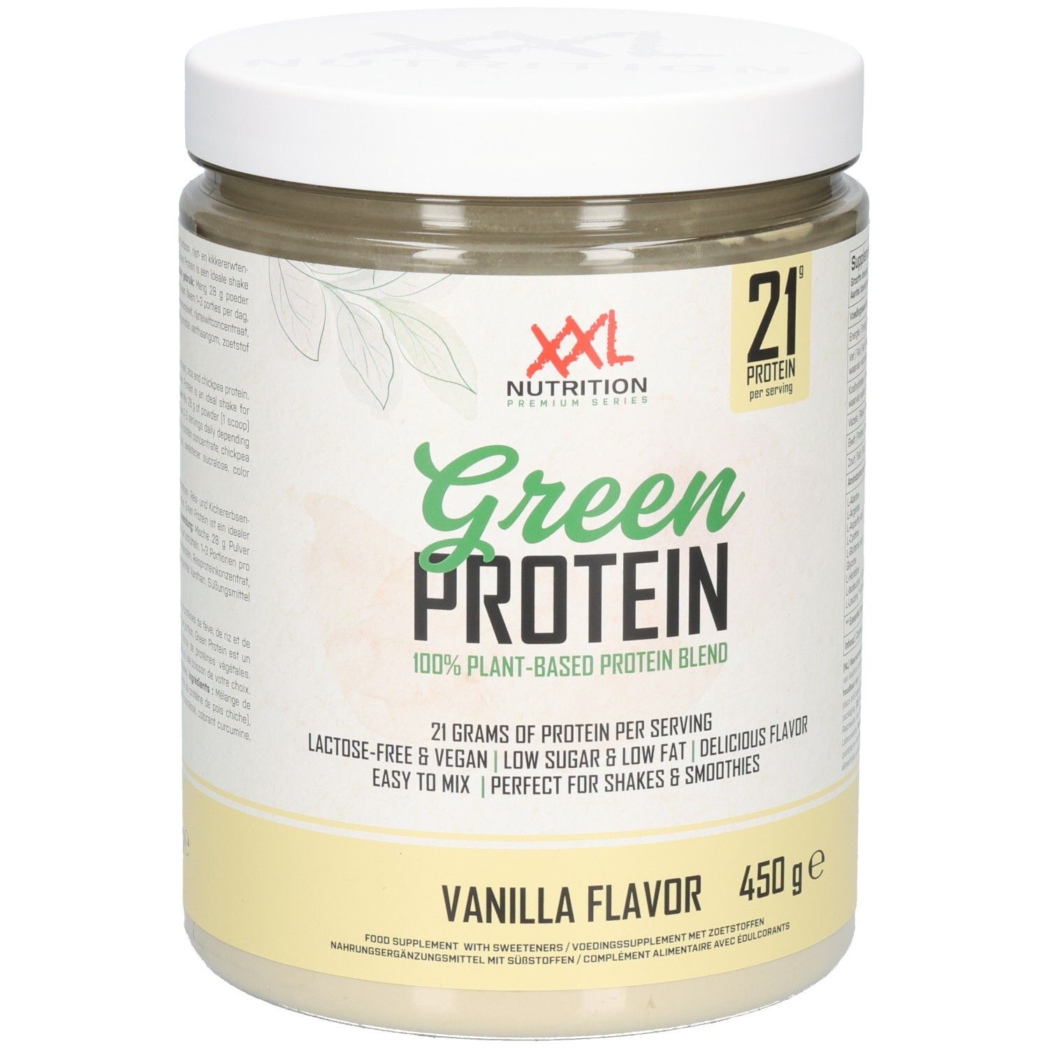 Pot en plastique blanc avec couvercle. Inscription: XXL Nutrition Green Protein, Vanille. 450g. 21g de protéines par portion.