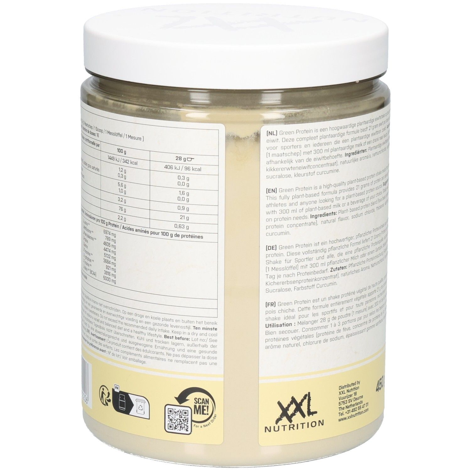 Dos du pot blanc. Tableau nutritionnel et autres informations. XXL Nutrition. Scan Me!