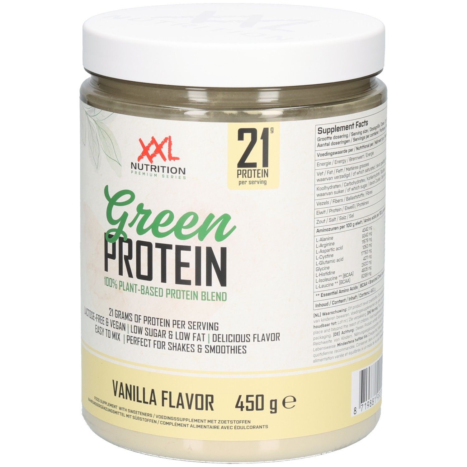 Pot en plastique blanc avec couvercle. Inscription: XXL Nutrition Green Protein, Vanille. 450g. 21g de protéines par portion.