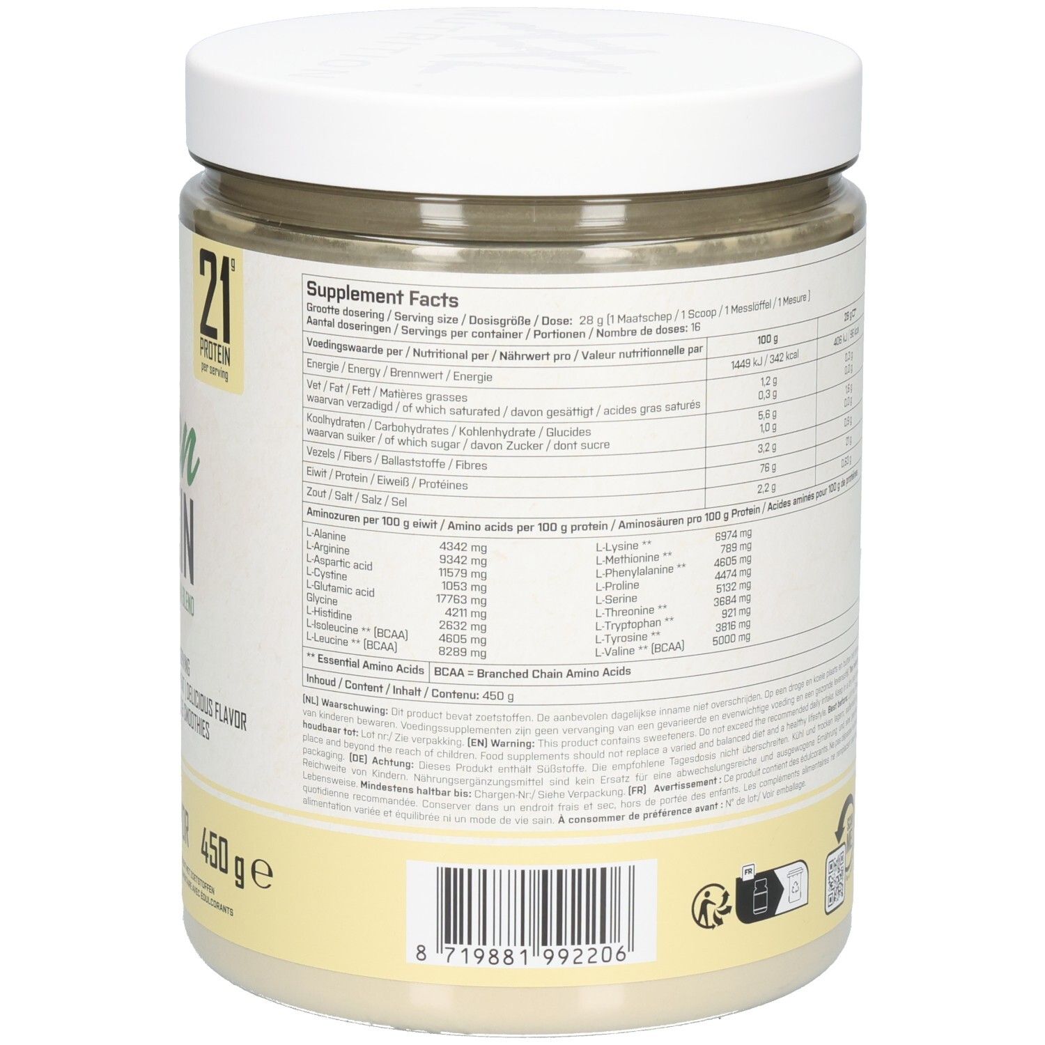 Dos du pot blanc. Tableau nutritionnel et autres informations. XXL Nutrition. Code-barres.