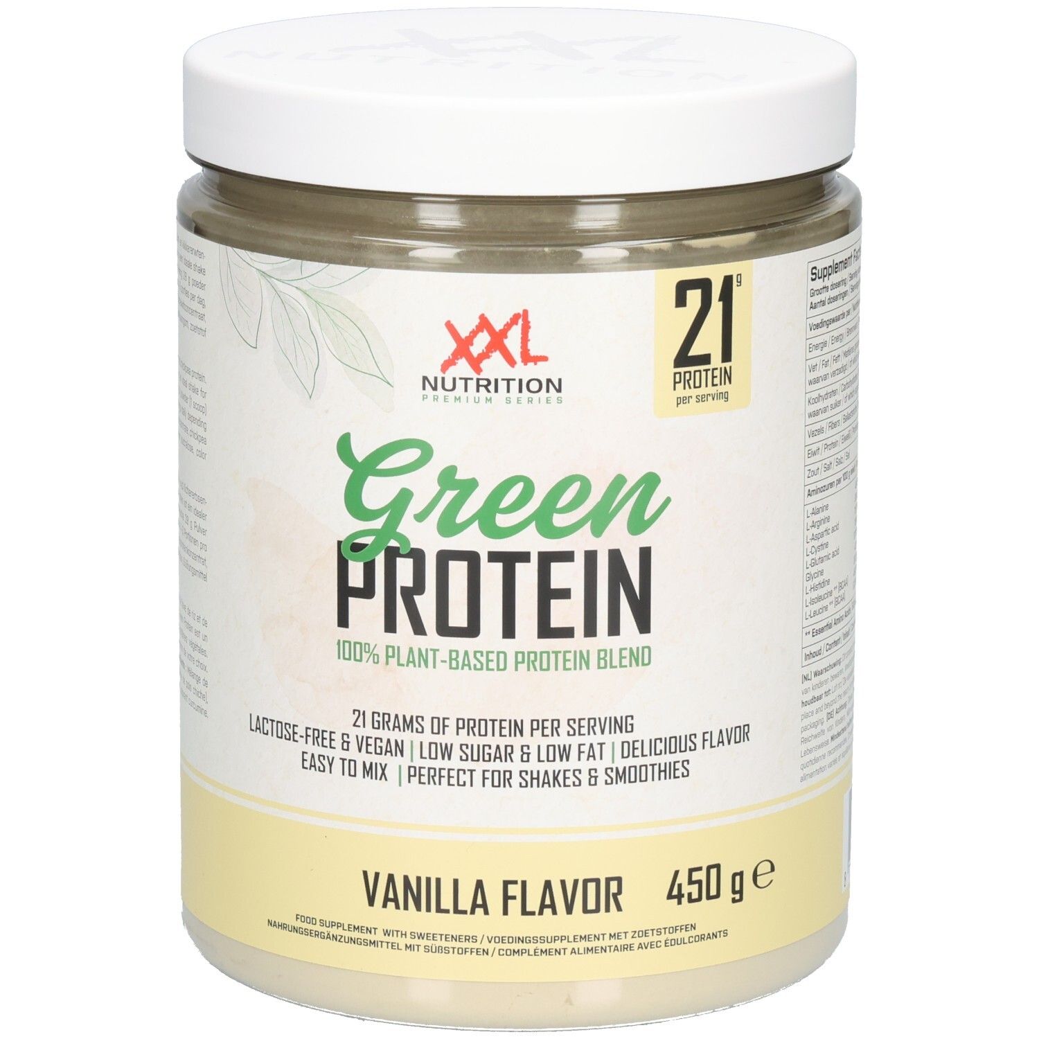 Pot en plastique blanc avec couvercle. Inscription: XXL Nutrition Green Protein, Vanille. 450g. 21g de protéines par portion.
