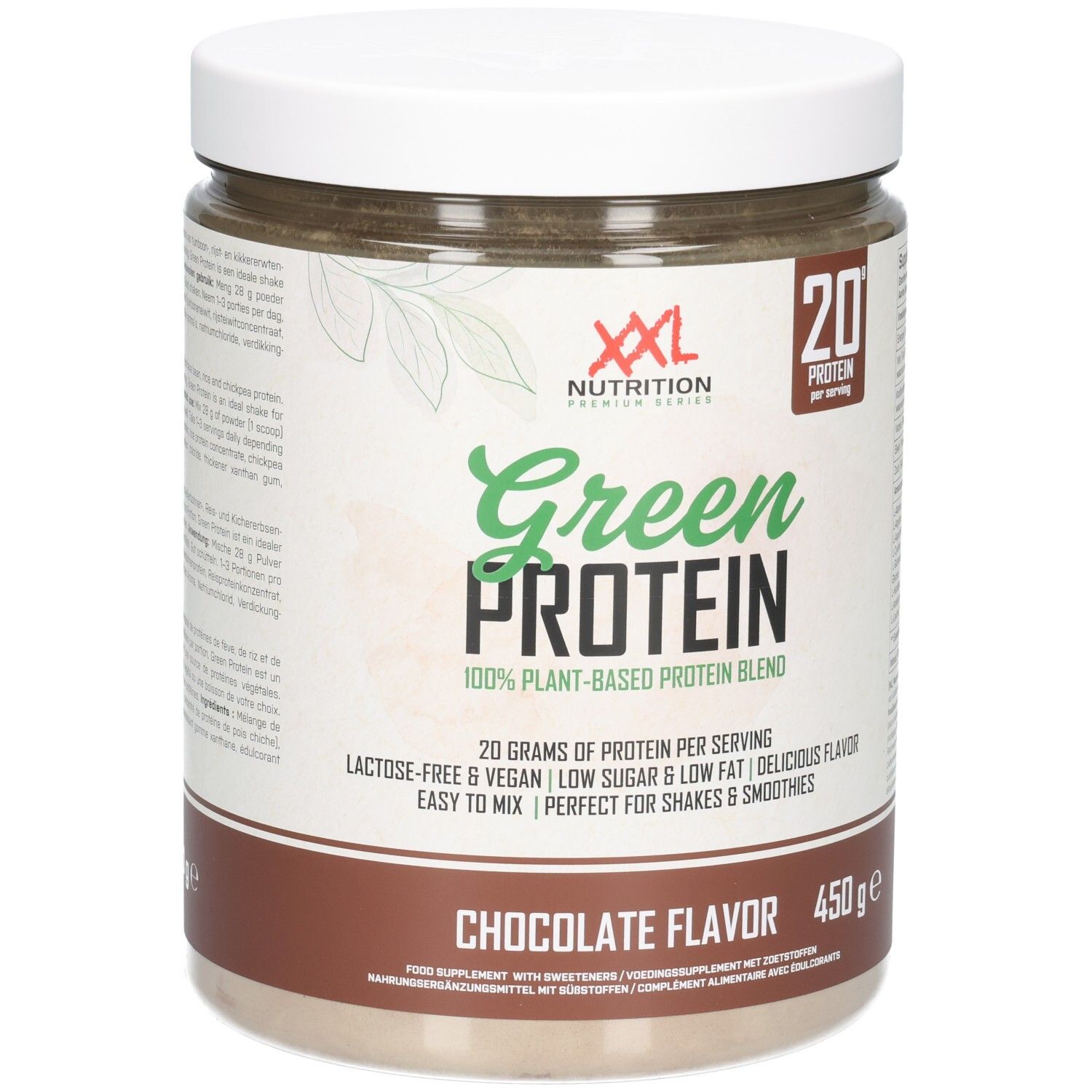 Pot marron à couvercle blanc. Inscription : Green Protein, 100% végétal, goût chocolat, 450g. Marque : XXL Nutrition.