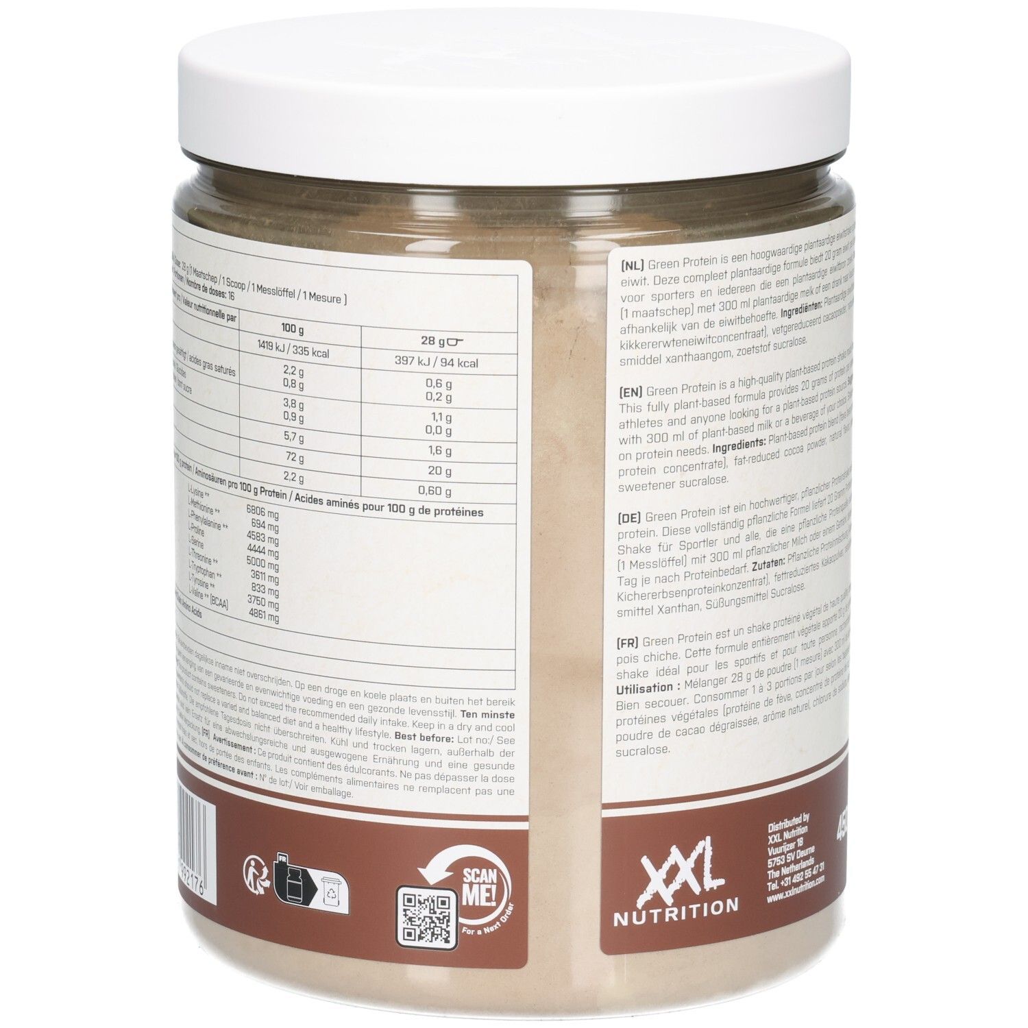 Dos du pot. Tableau nutritionnel et code QR. Texte en plusieurs langues. Marque : XXL Nutrition.