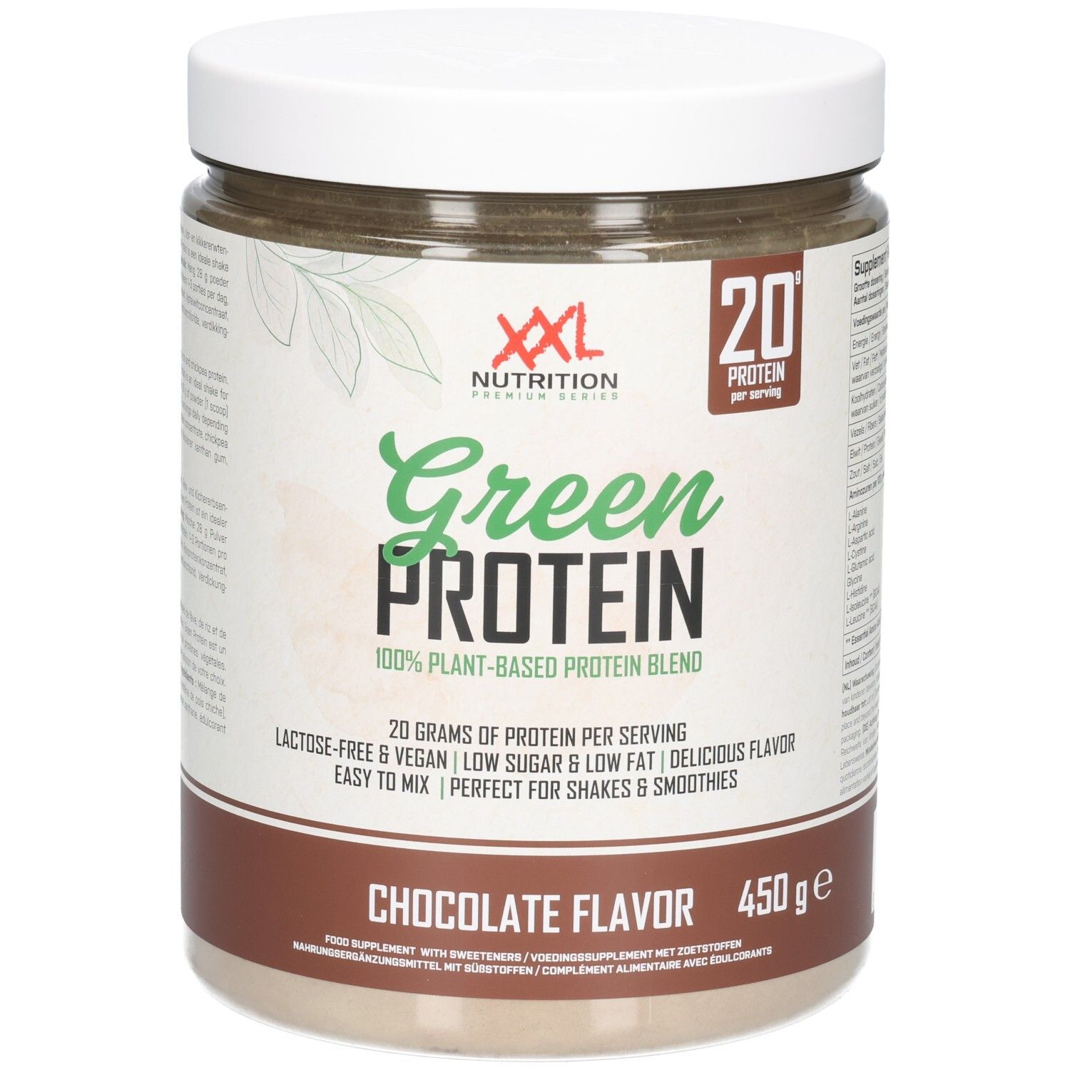 Pot marron à couvercle blanc. Inscription : Green Protein, 100% végétal, goût chocolat, 450g. Marque : XXL Nutrition.