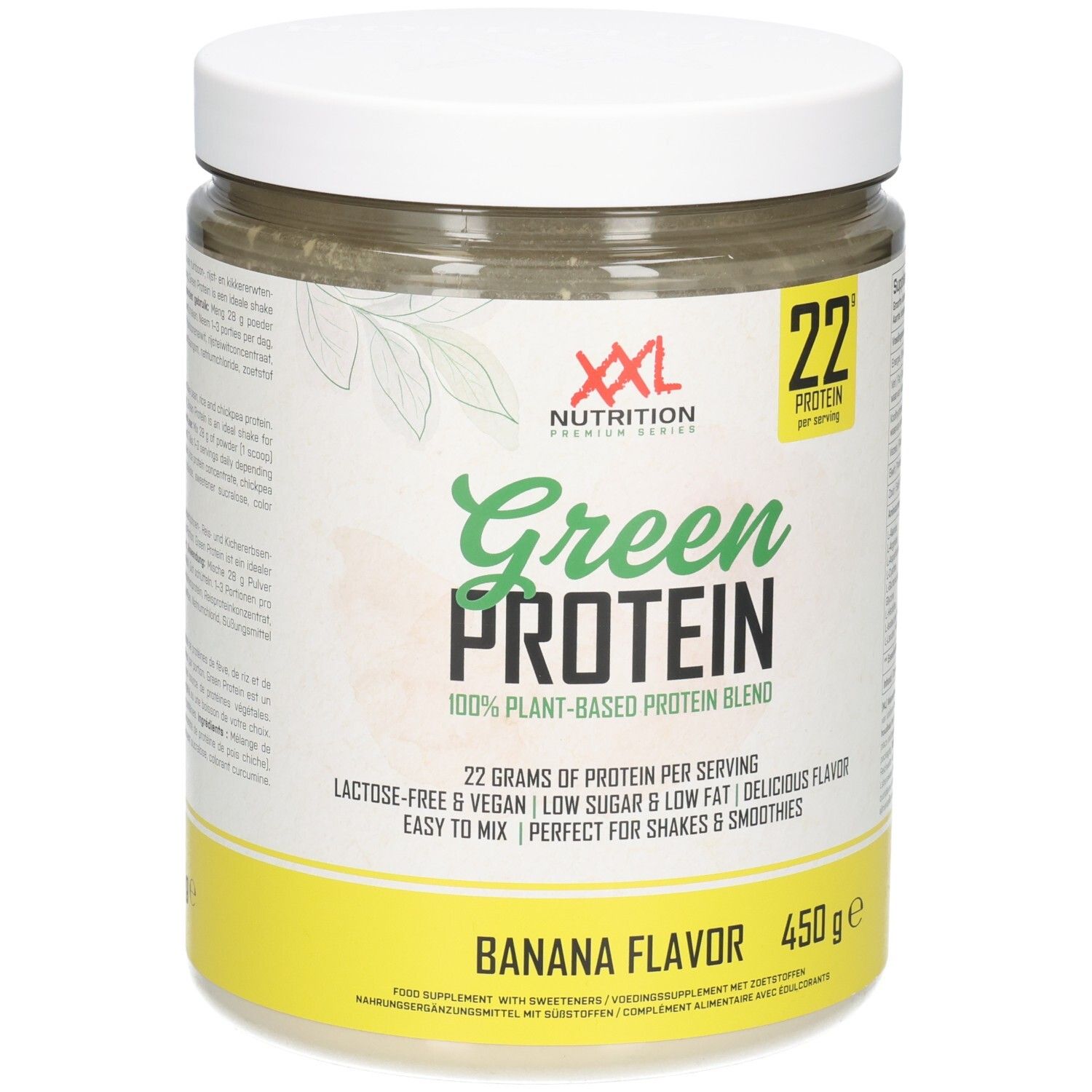 Poudre de protéine verte en pot. XXL Nutrition, Green Protein, Banane. 450g. 22g protéines par portion. Vegan, sans lactose.
