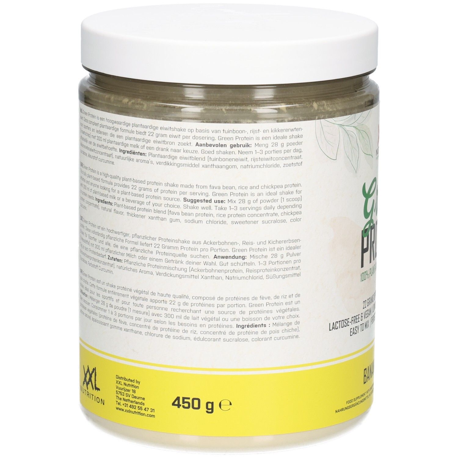 Dos du pot de poudre de protéine verte. XXL Nutrition, Green Protein. Informations nutritionnelles, ingrédients, mode d'emploi.