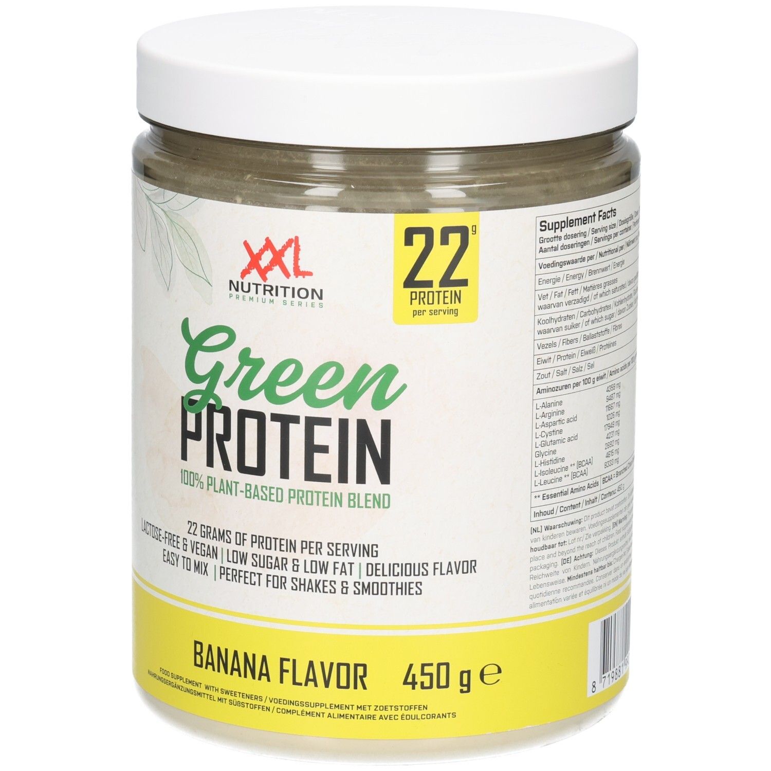 Poudre de protéine verte en pot. XXL Nutrition, Green Protein, Banane. 450g. 22g protéines par portion. Vegan, sans lactose.