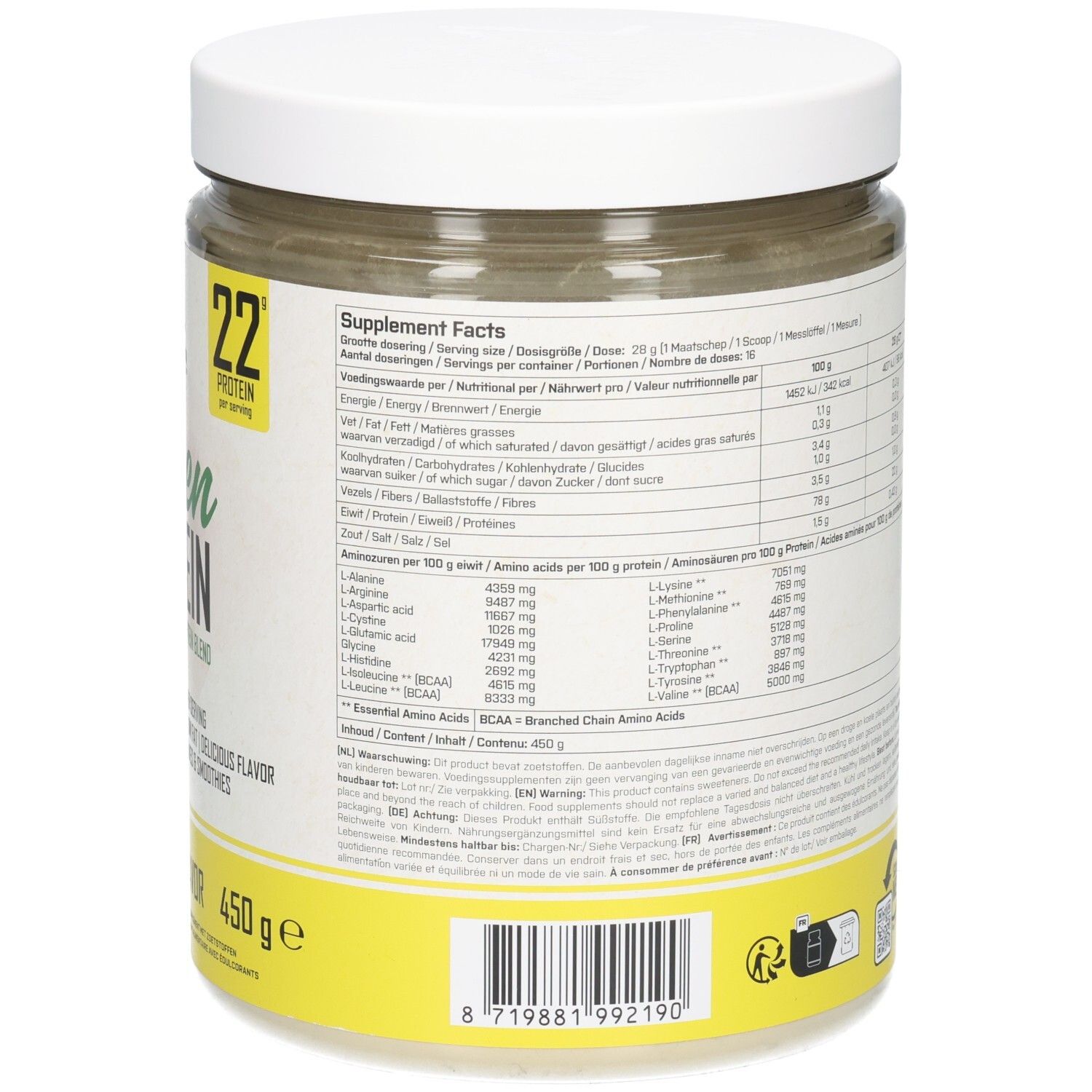 Dos du pot de poudre de protéine verte. XXL Nutrition, Green Protein. Informations nutritionnelles, ingrédients, mode d'emploi.
