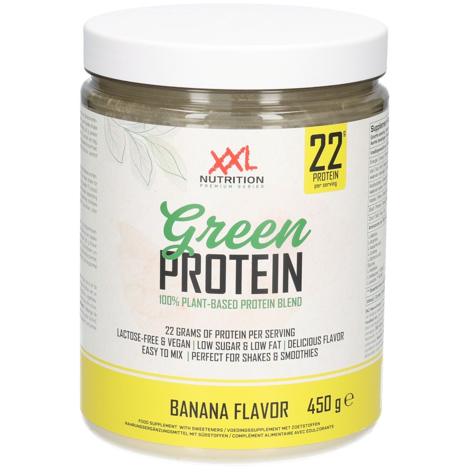 Poudre de protéine verte en pot. XXL Nutrition, Green Protein, Banane. 450g. 22g protéines par portion. Vegan, sans lactose.