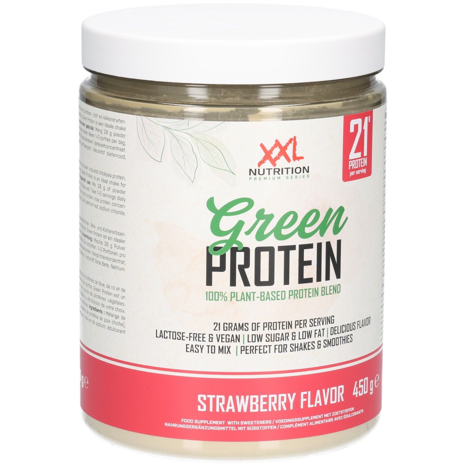 Pot rond avec couvercle blanc et étiquette rouge. Inscription: Green Protein, saveur fraise, 450g. Marque: XXL Nutrition.