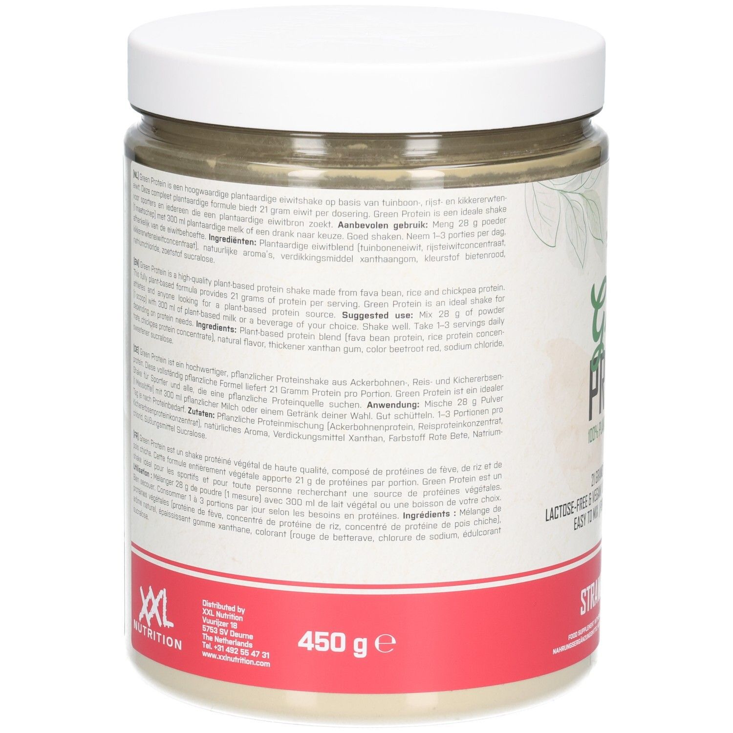 Dos du pot. Texte en plusieurs langues. Marque: XXL Nutrition. Poids: 450g.