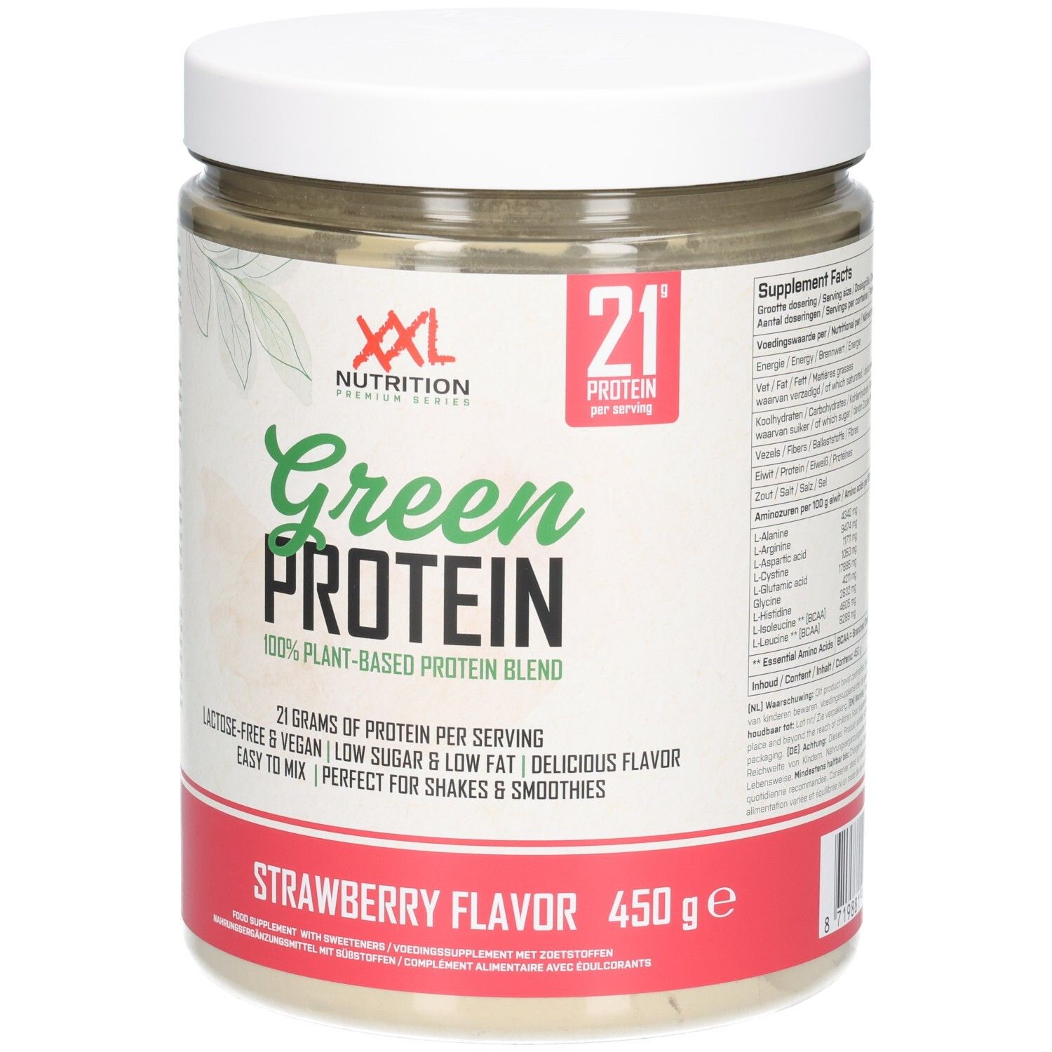 Pot rond avec couvercle blanc et étiquette rouge. Inscription: Green Protein, saveur fraise, 450g. Marque: XXL Nutrition.