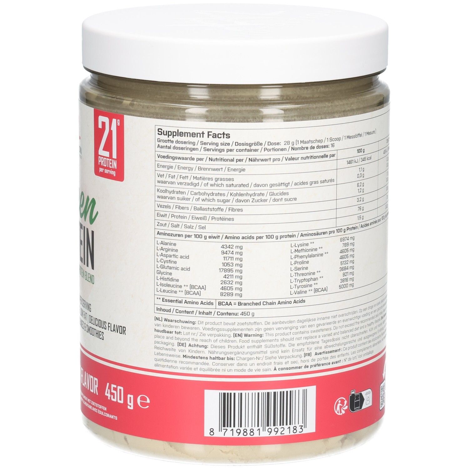 Dos du pot avec informations nutritionnelles et code-barres. Poids: 450g.