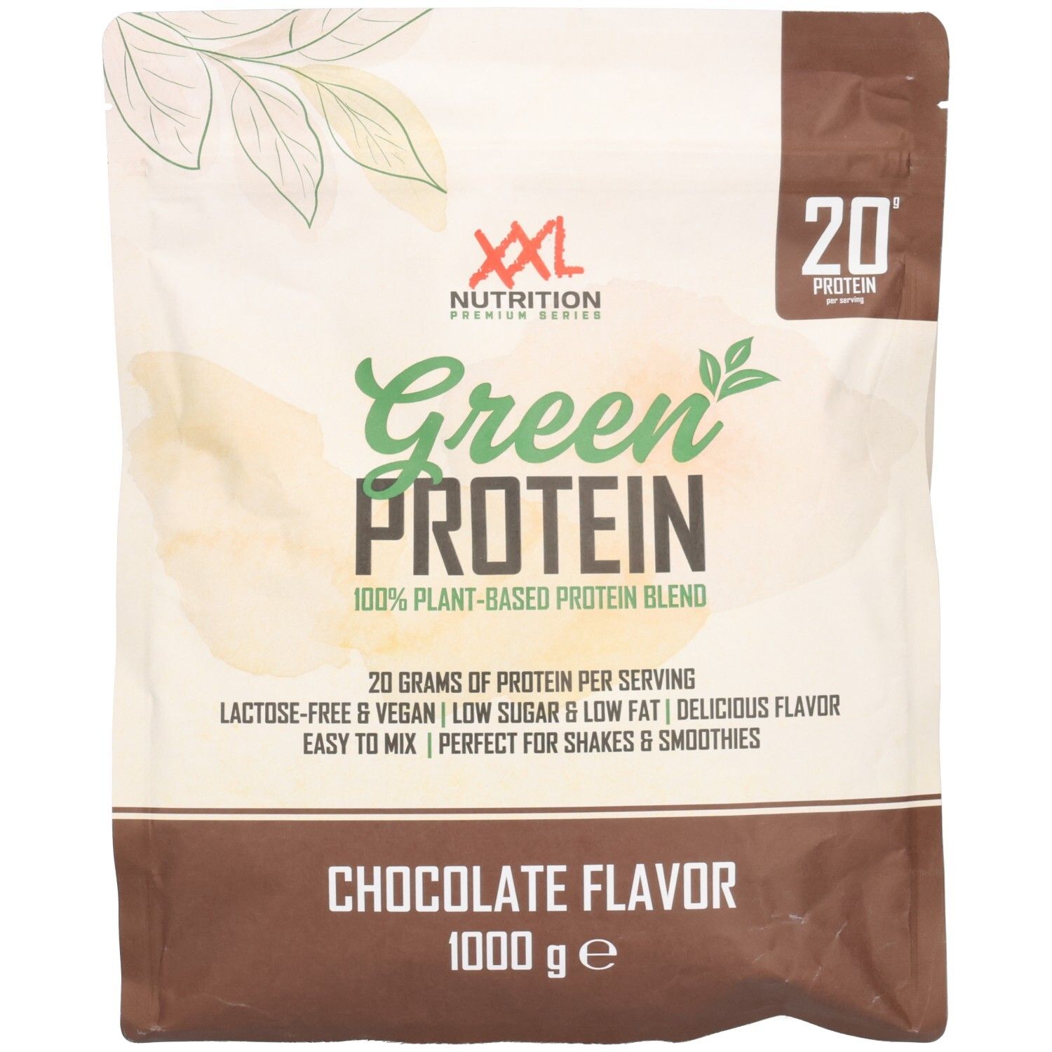 Sachet de Green Protein XXL Nutrition. Inscription: Green Protein, mélange de protéines 100% végétales, saveur chocolat, 1000 g.