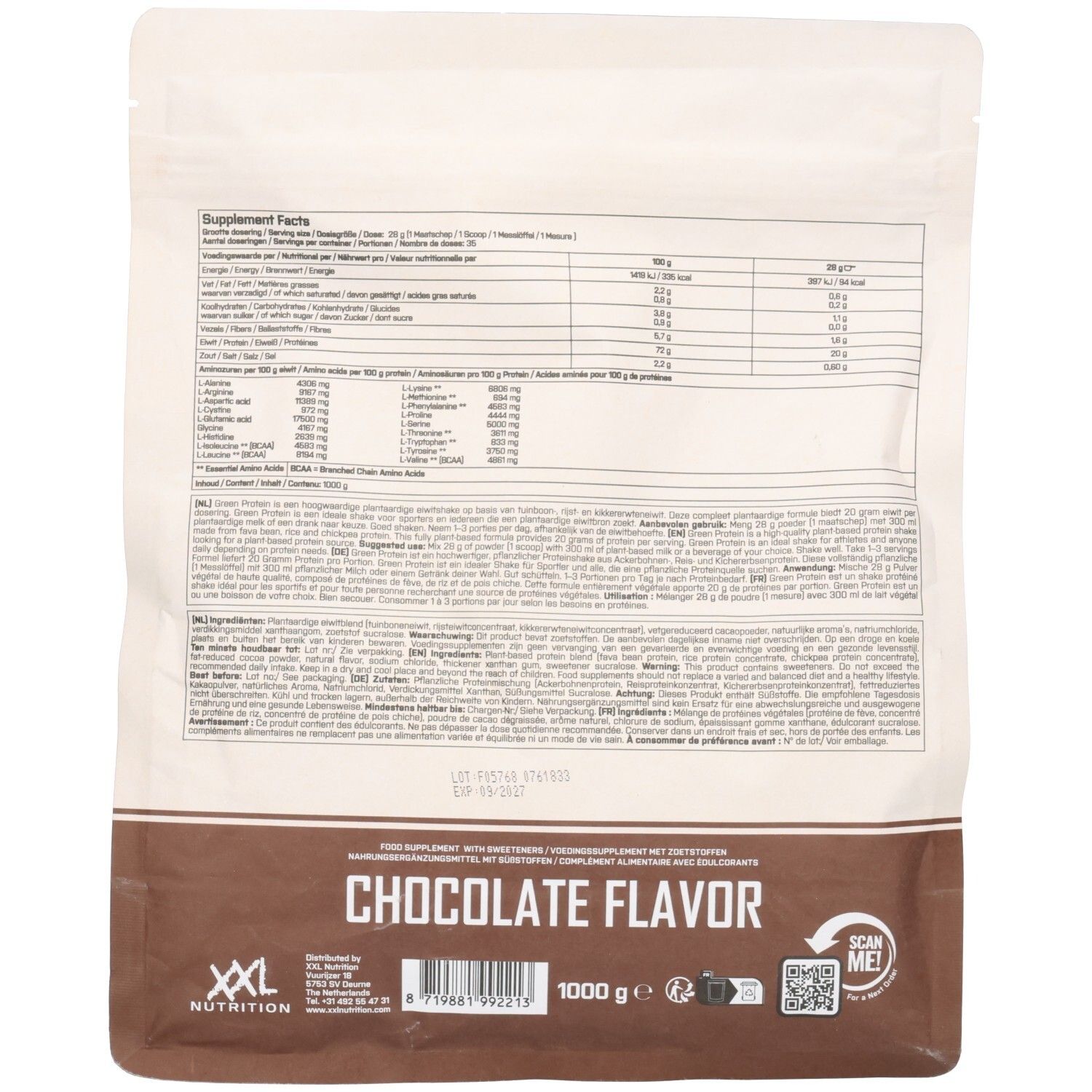 Dos du sachet de Green Protein. Contient informations nutritionnelles, liste des ingrédients et code QR. Saveur chocolat, 1000 g.