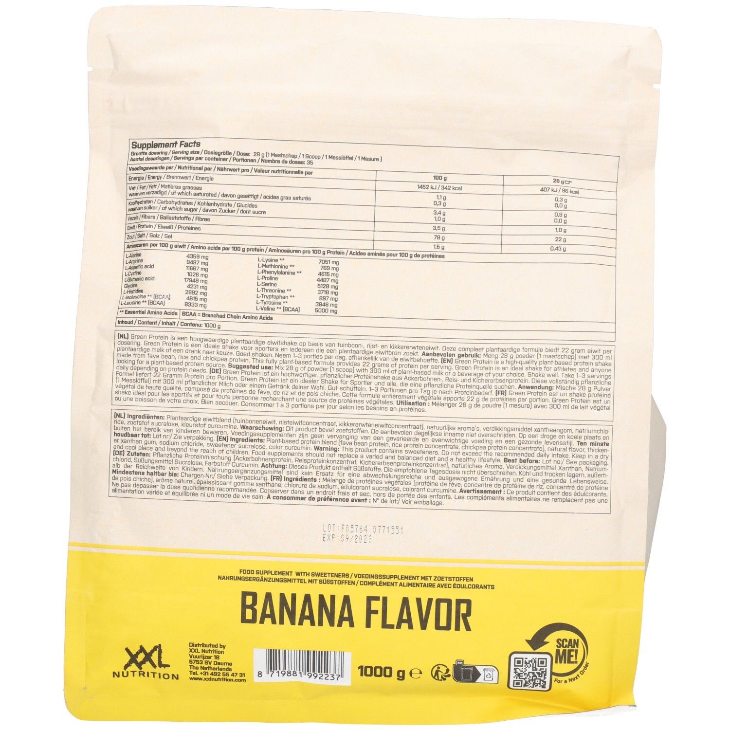 Dos du sachet de Green Protein Banane XXL Nutrition. Contient des informations nutritionnelles et du texte en plusieurs langues. Saveur banane, 1000 g.