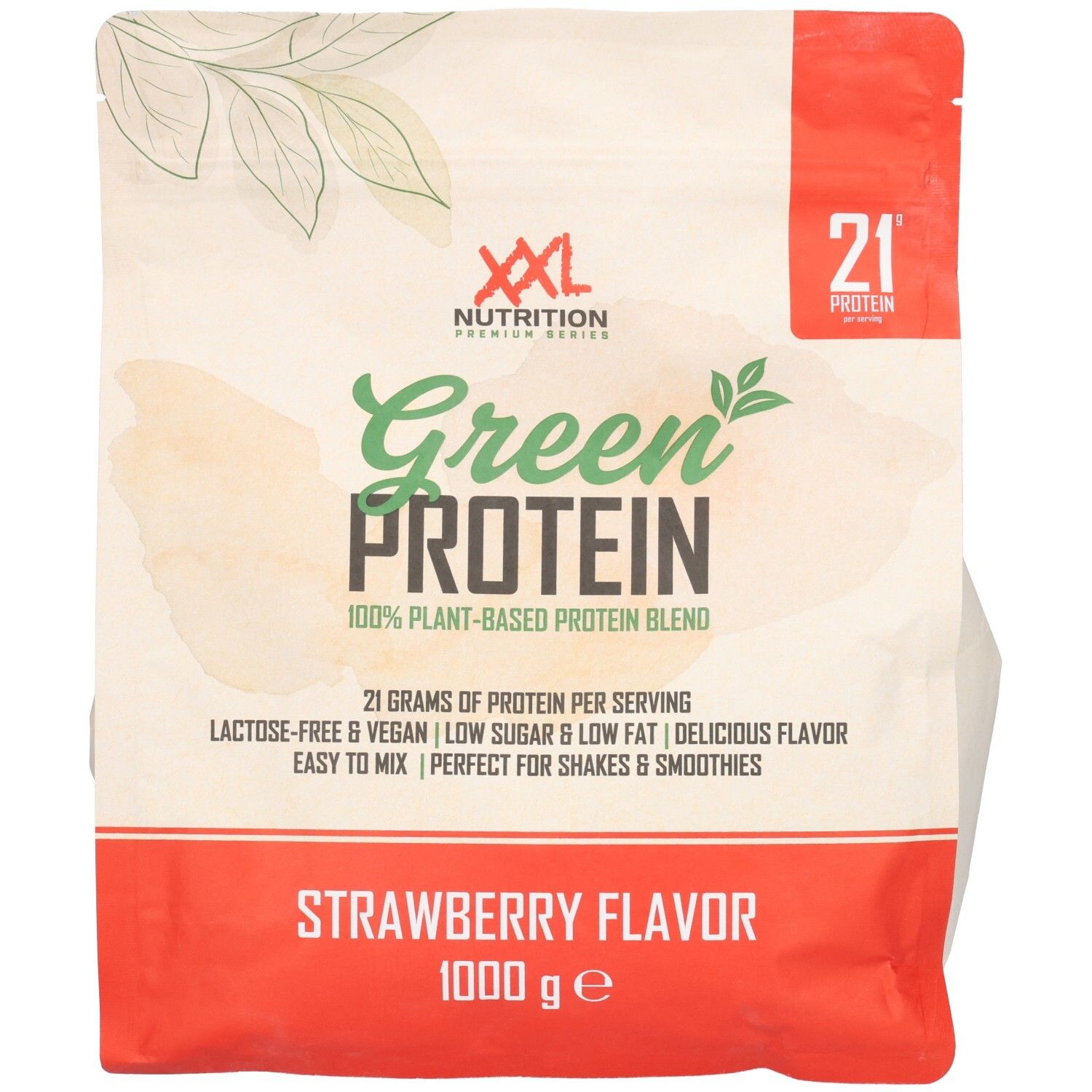 Sachet de Green Protein Fraise XXL Nutrition. Inscription : Green Protein, mélange de protéines 100% végétales, saveur fraise, 1000 g.