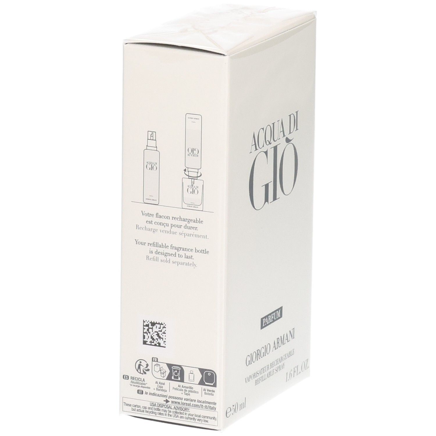 Emballage avec instructions pour recharger le vaporisateur Giorgio Armani Acqua di Gio Parfum.