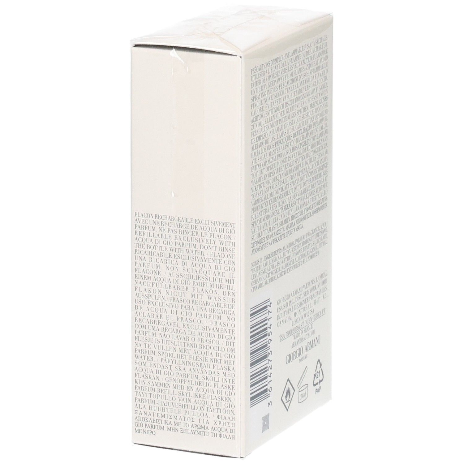 Côté de l'emballage Giorgio Armani Acqua di Gio Parfum avec instructions d'utilisation détaillées.