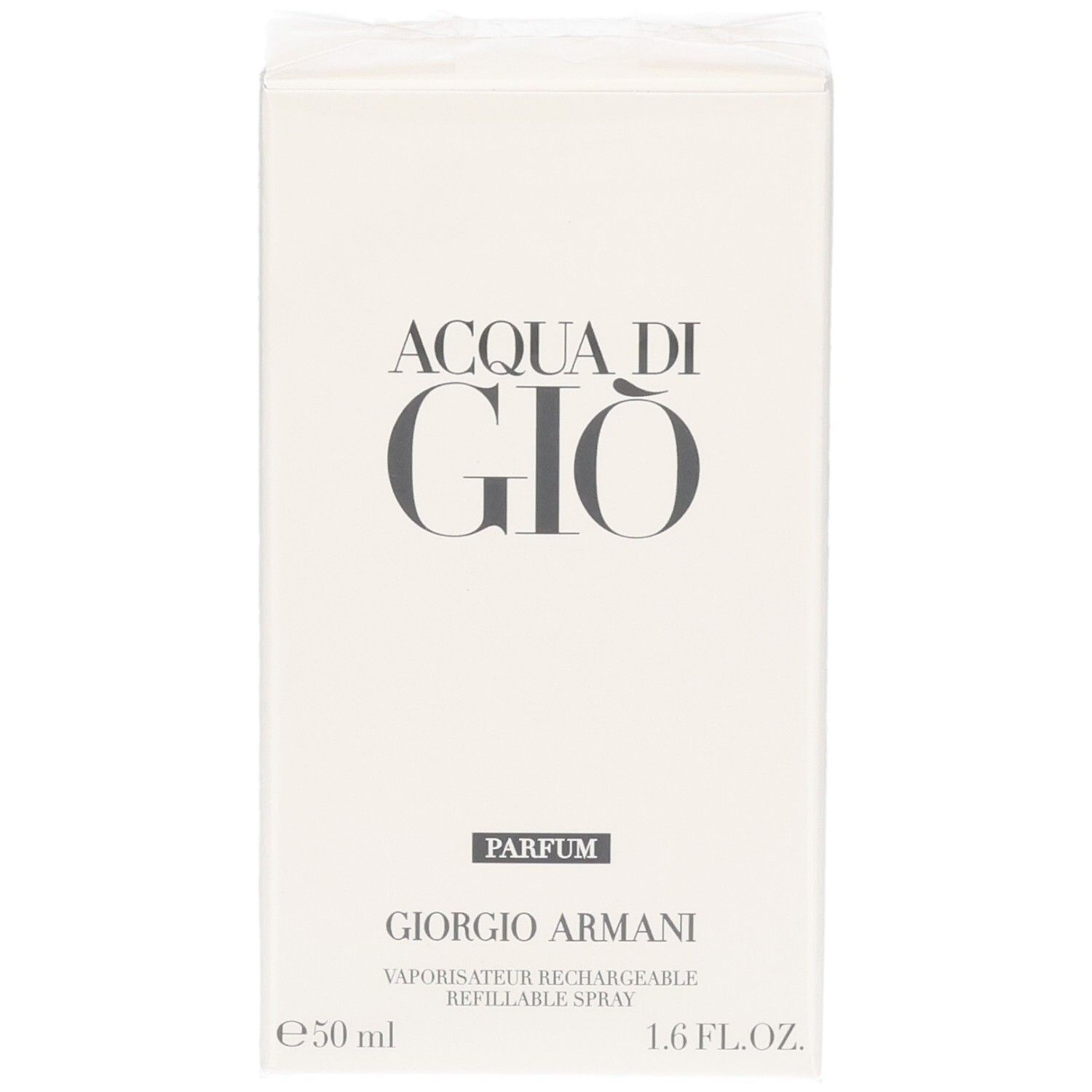 Avant de l'emballage Giorgio Armani Acqua di Gio Parfum Vaporisateur Rechargeable, 50 ml.