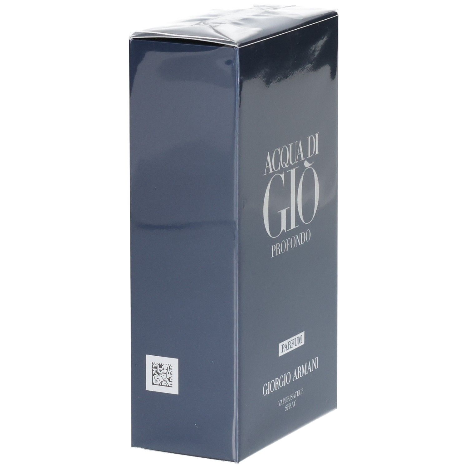 Emballage bleu foncé pour parfum Giorgio Armani Acqua di Gio Profondo avec inscription blanche.