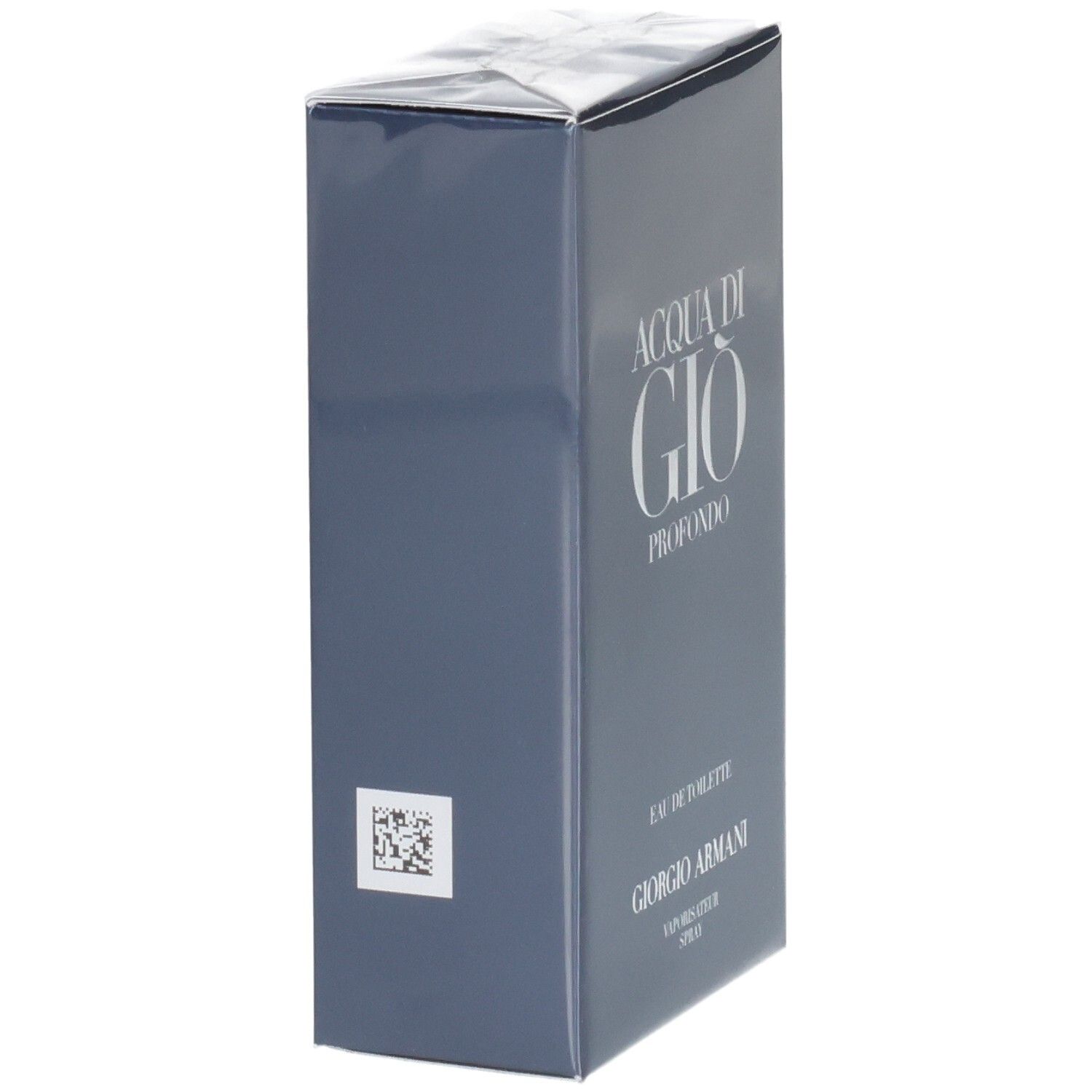 Emballage Giorgio Armani Acqua Di Gio Profondo Eau de Toilette, bleu foncé, avec code QR.